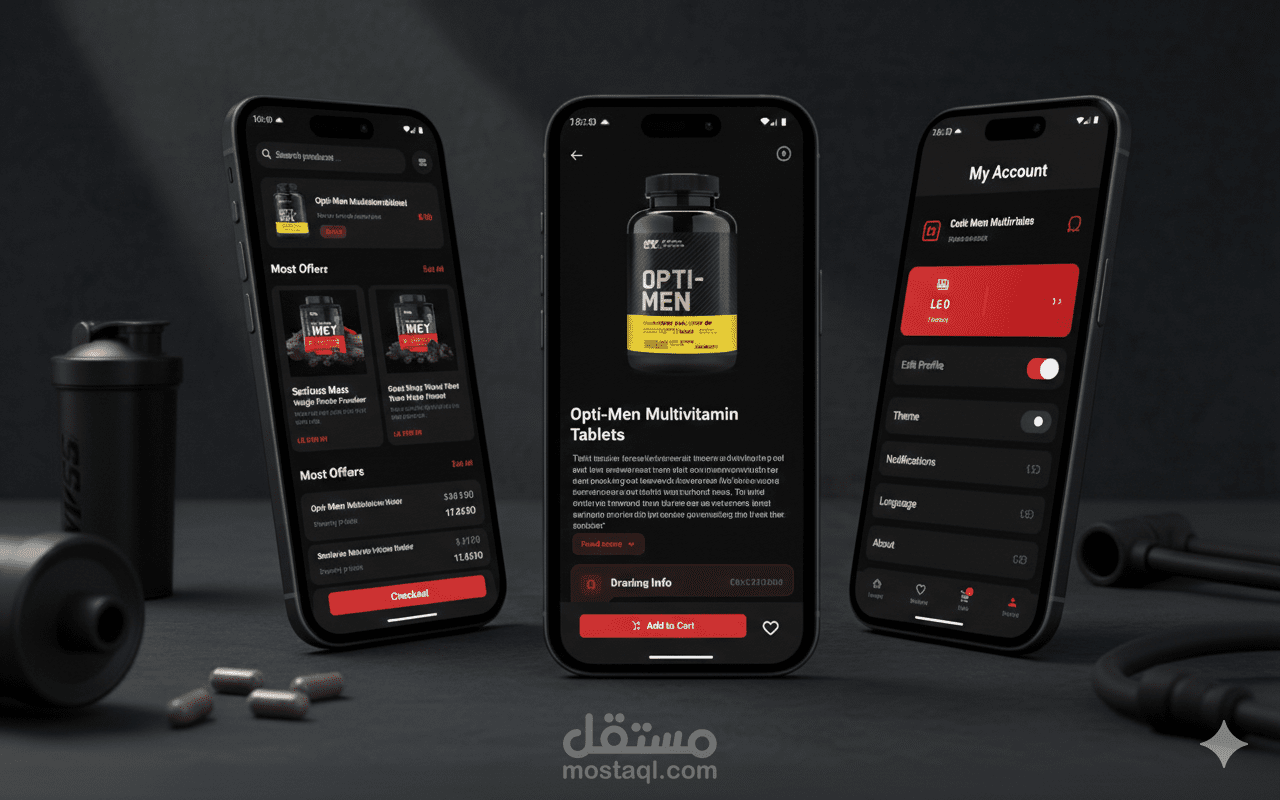 نظام متكامل لإدارة وبيع المكملات الغذائية مع التطبيق لوحه التحكم وقاعده البيانات