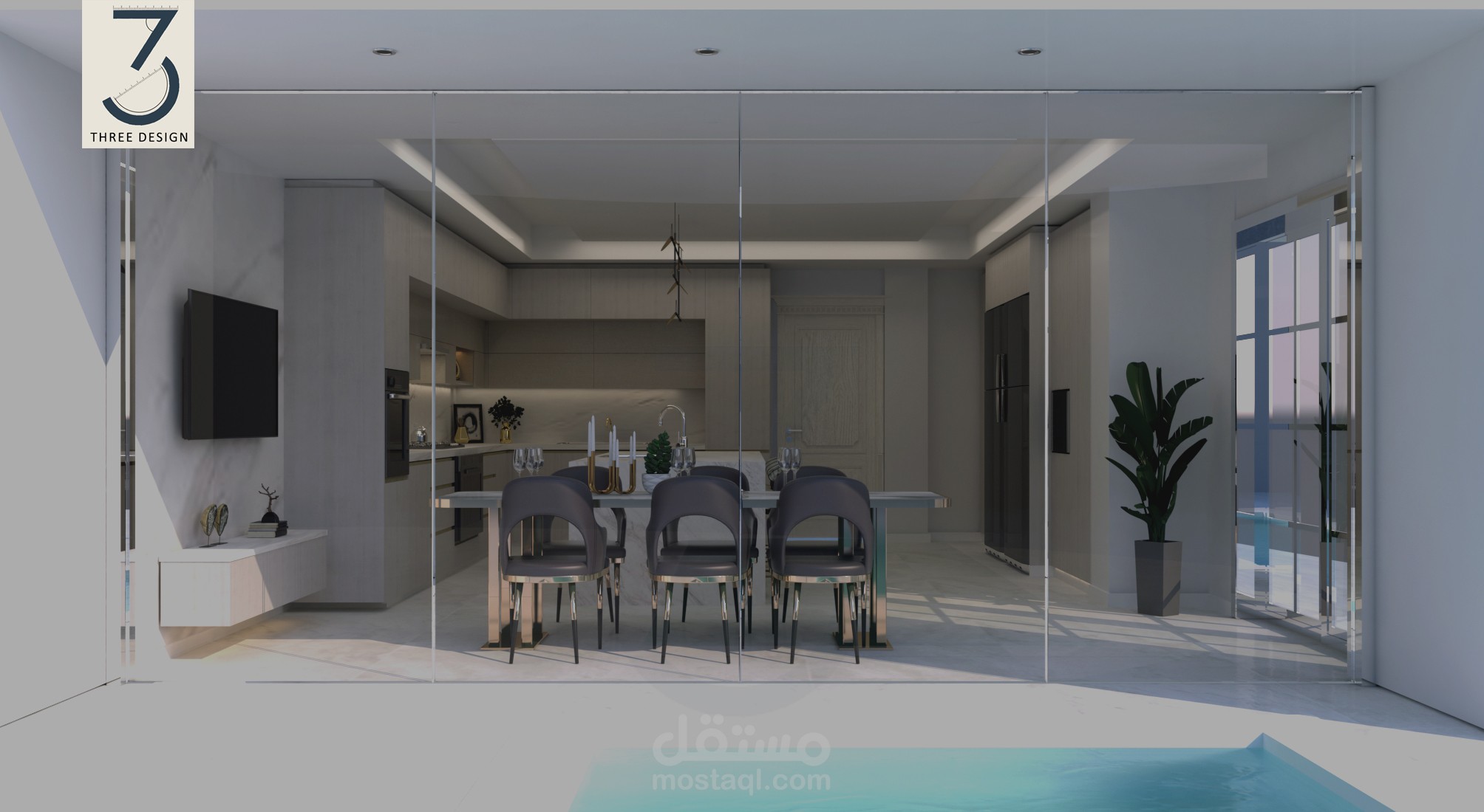 تصميم مطبخ مودرن مطل على المسبح