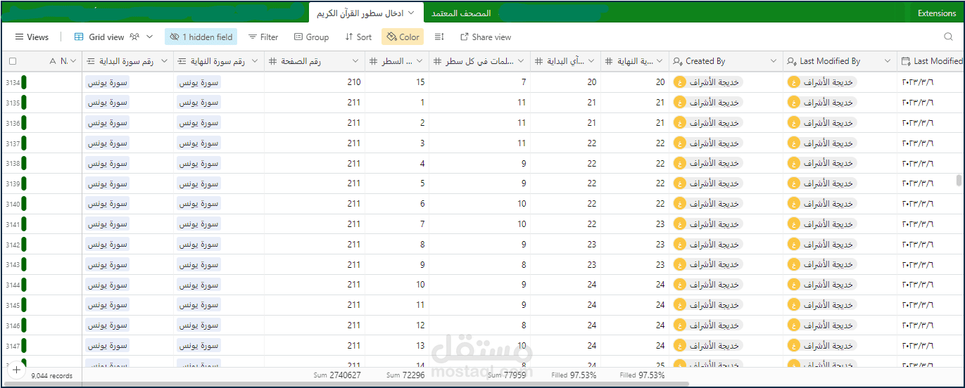 حساب عدد اسطر المصحف الشريف