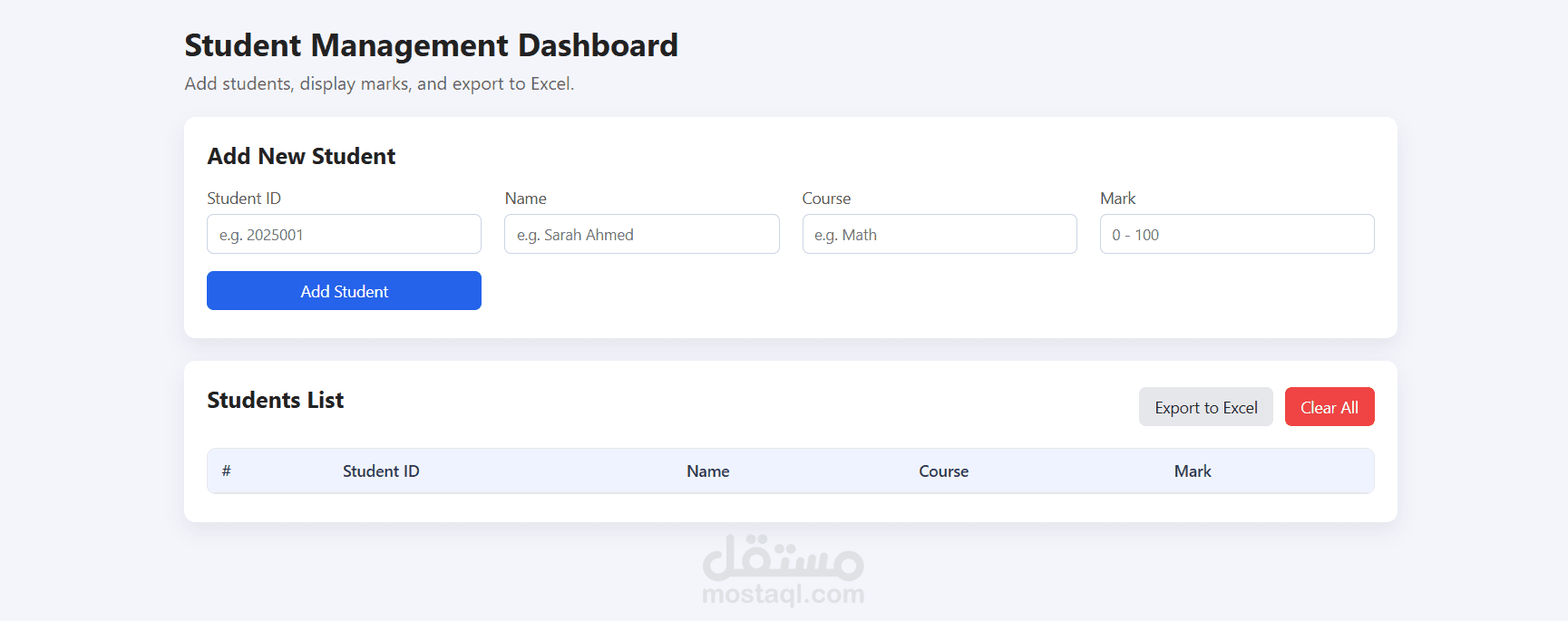 تطوير لوحة تحكم لإدارة الطلاب (Student Management Dashboard)