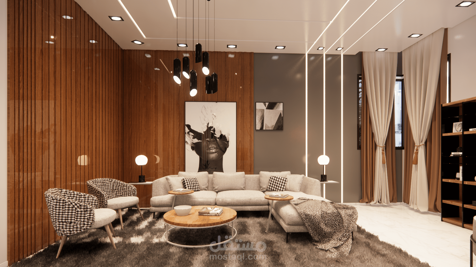 تصميم صالون وغرفة معيشة وطعام بنفس الفراغ.