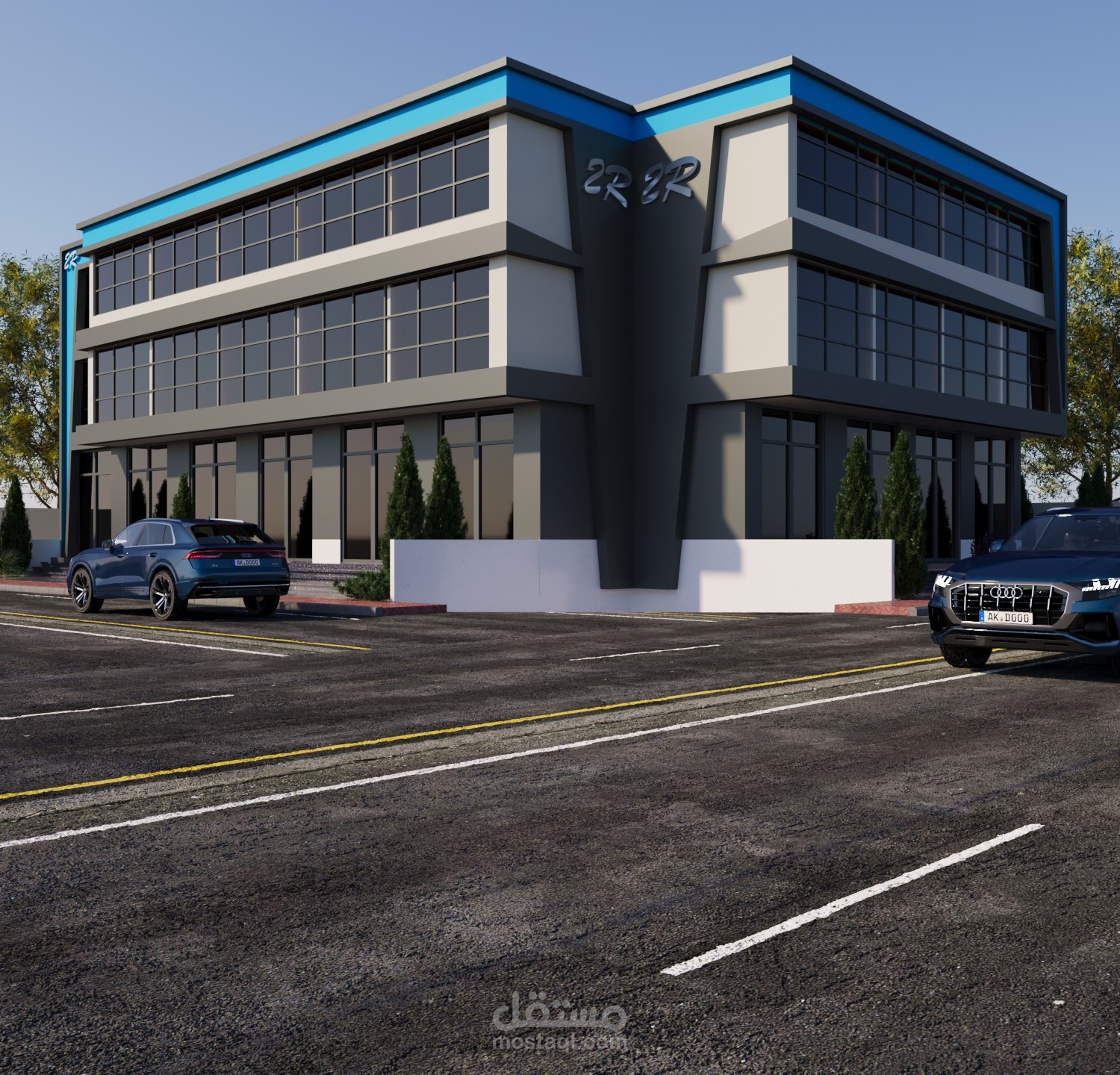 تصميم خارجي لمبنى إداري مكون من ثلاثة أدوار بتصميم عصري