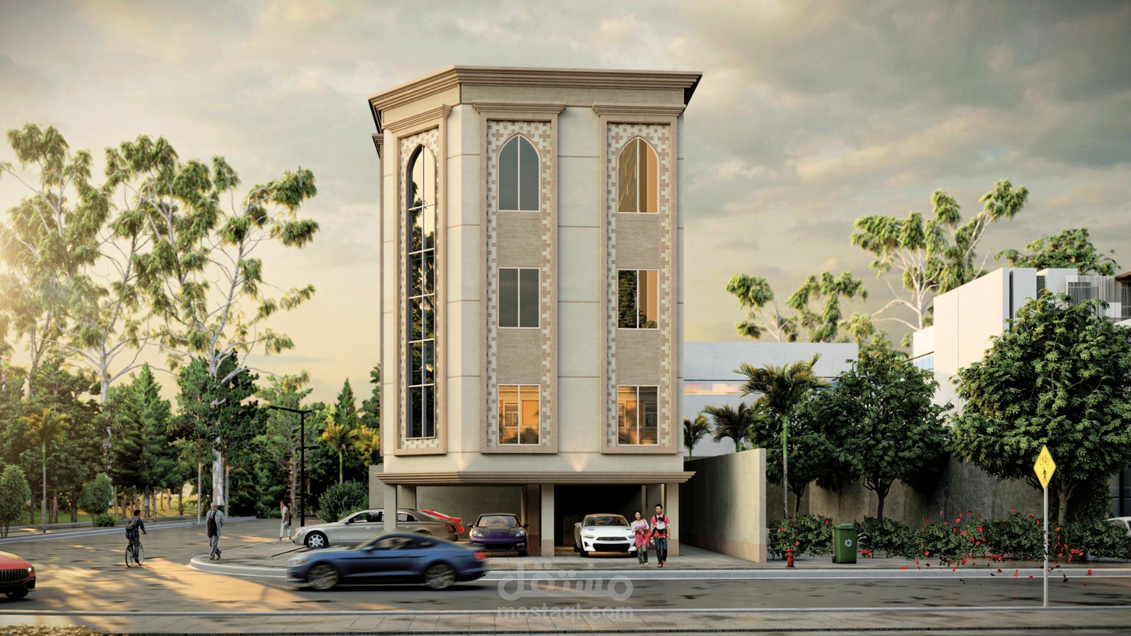 تصميم مبني اداري ثنائي وثلاثي الابعاد على الطراز الاندلسي