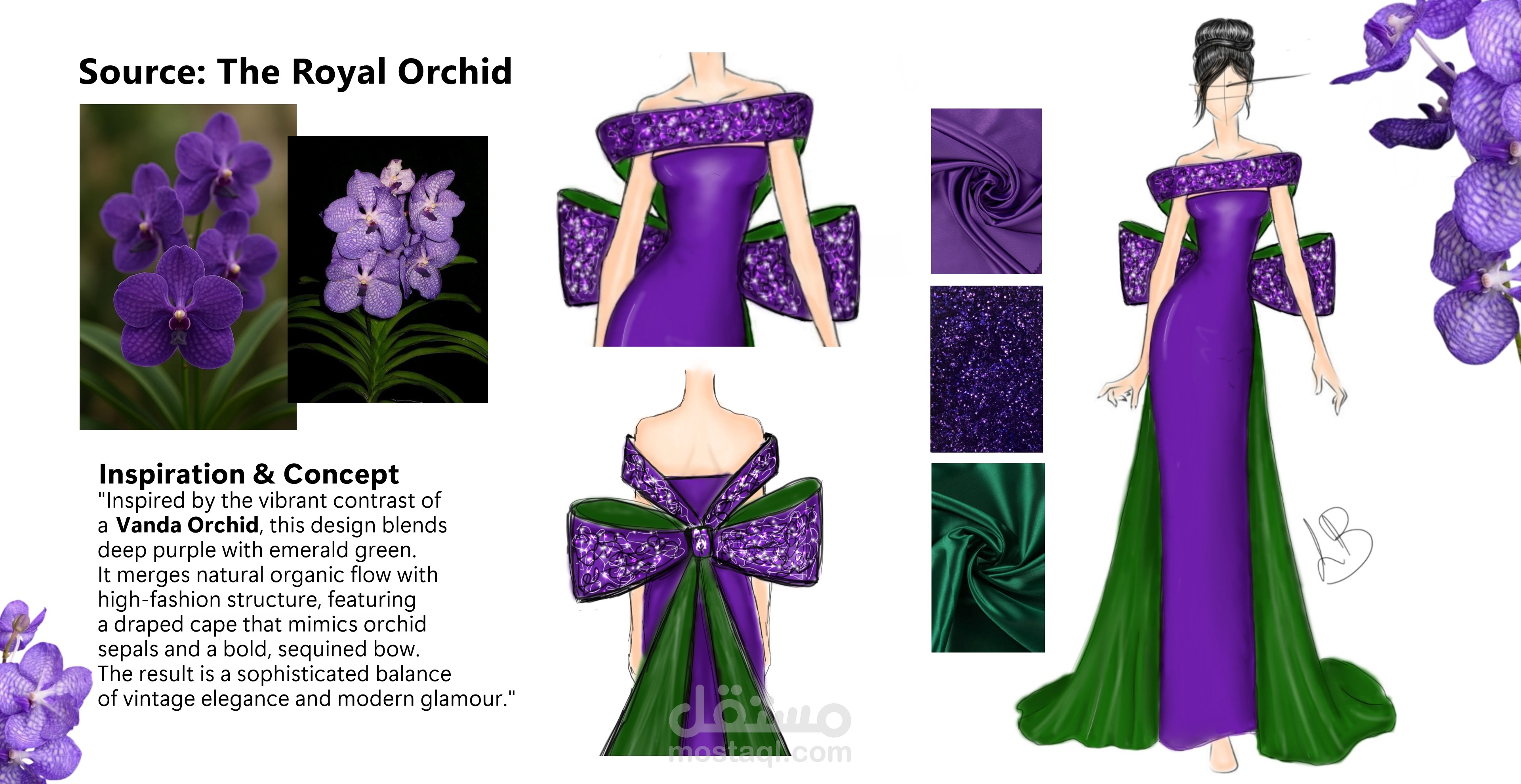 تصميم فستان سهرة فاخر مستوحى من زهرة الأوركيد الملكية (Royal Orchid)