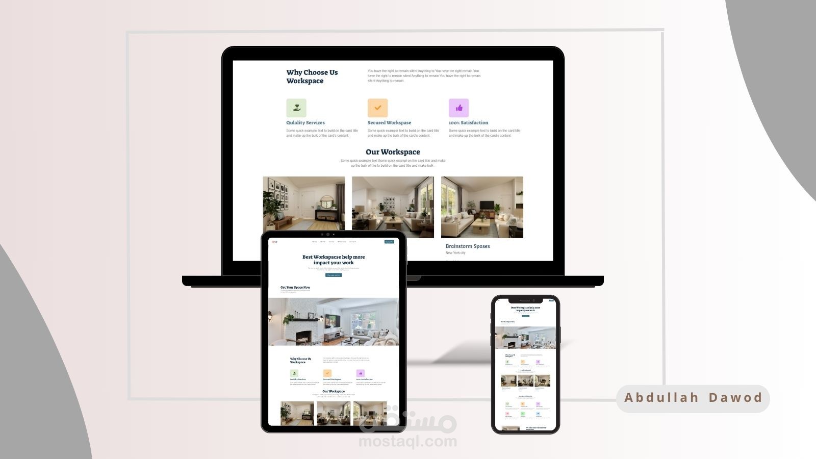 تصميم موقع احترافي لعرض مساحات العمل, باستخدام لغات البرمجة التالية HTML, CSS, JS, Bootstrap, jQuery