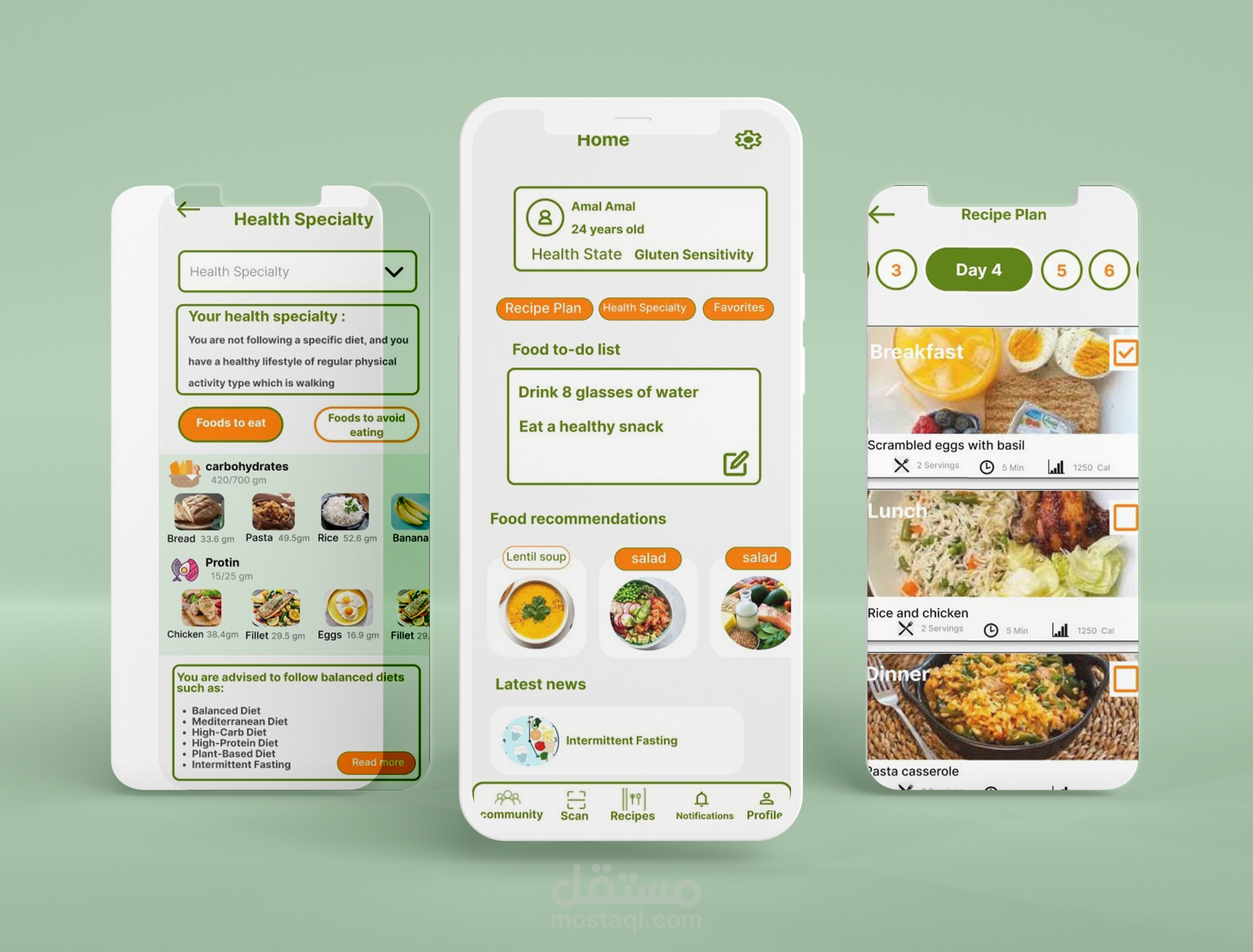 تصميم uiux لتطبيق متابعة النظام الغذائي