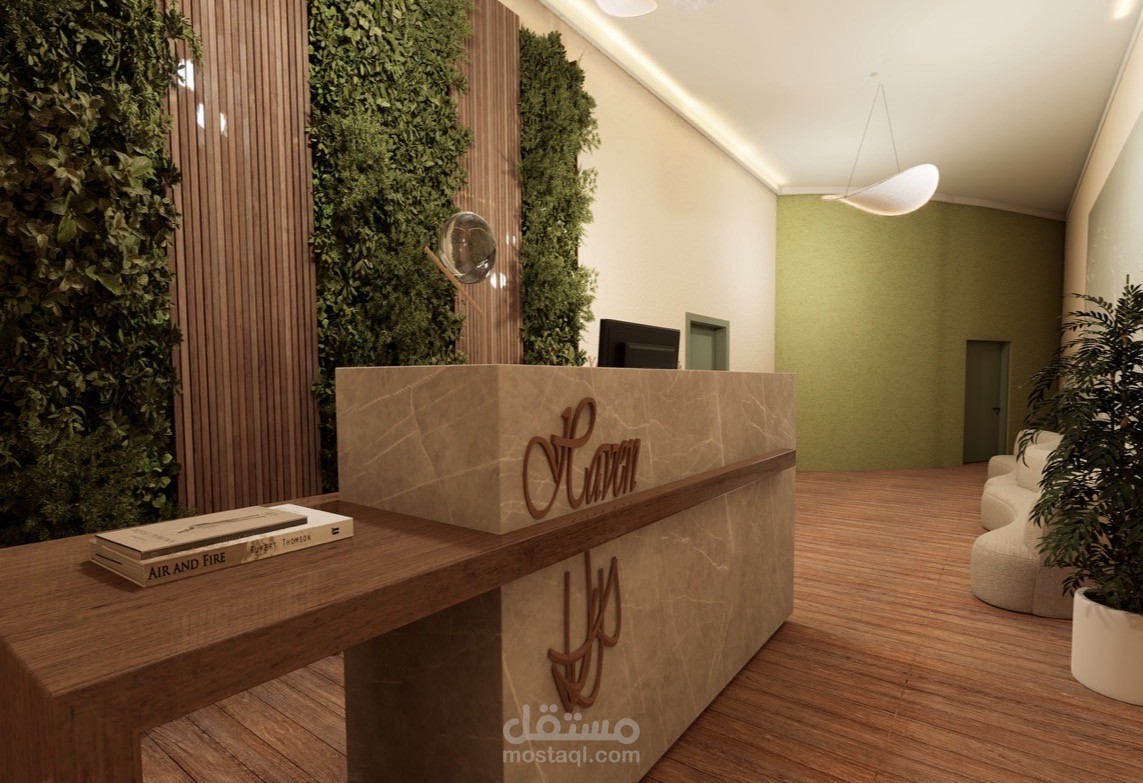 تصميم داخلي لعيادة نفسية (Haven Clinic) بنمط مودرن دافئ يعتمد على الطبيعة