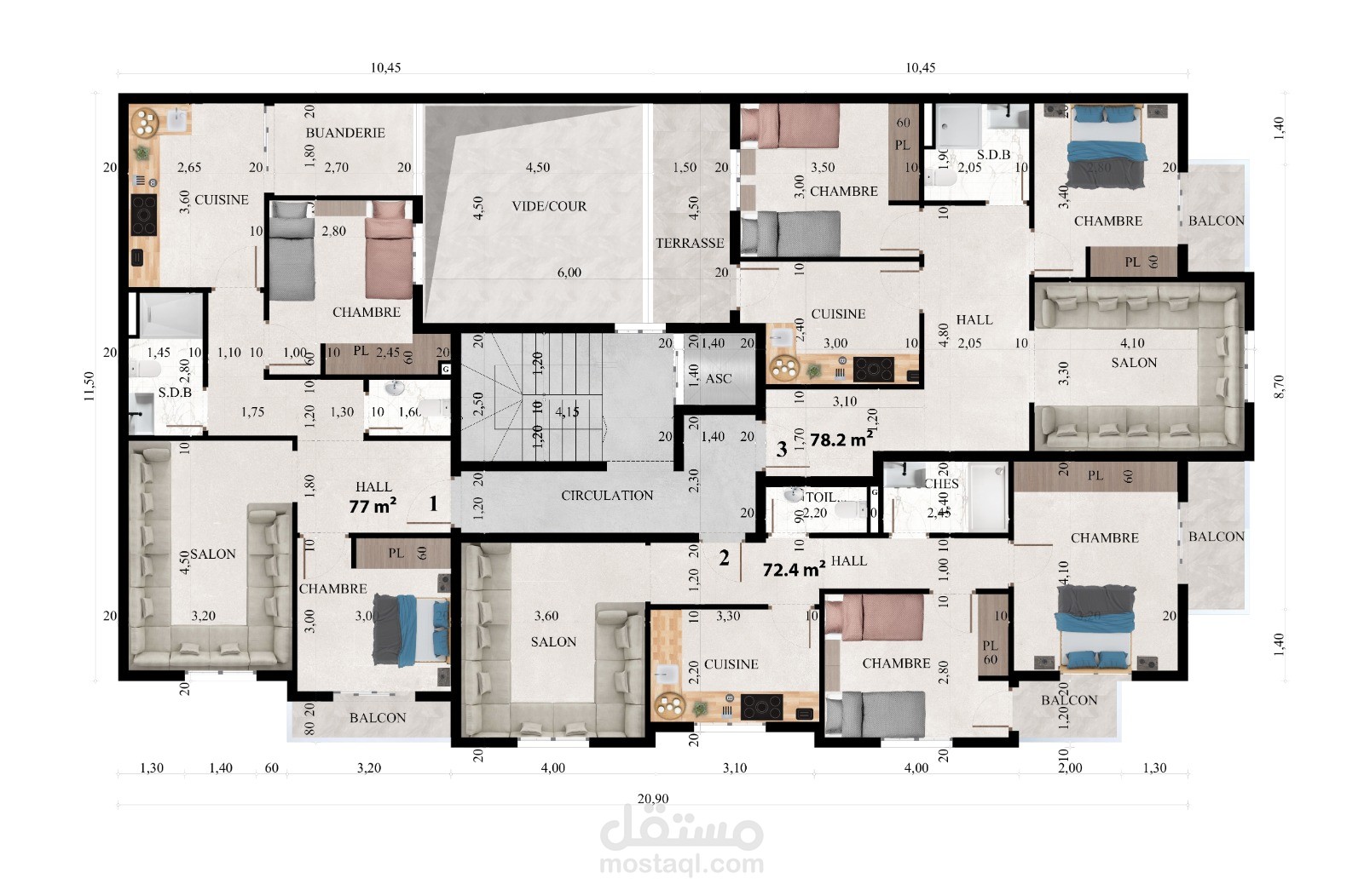 2D Floor Plan for 3 Apartments