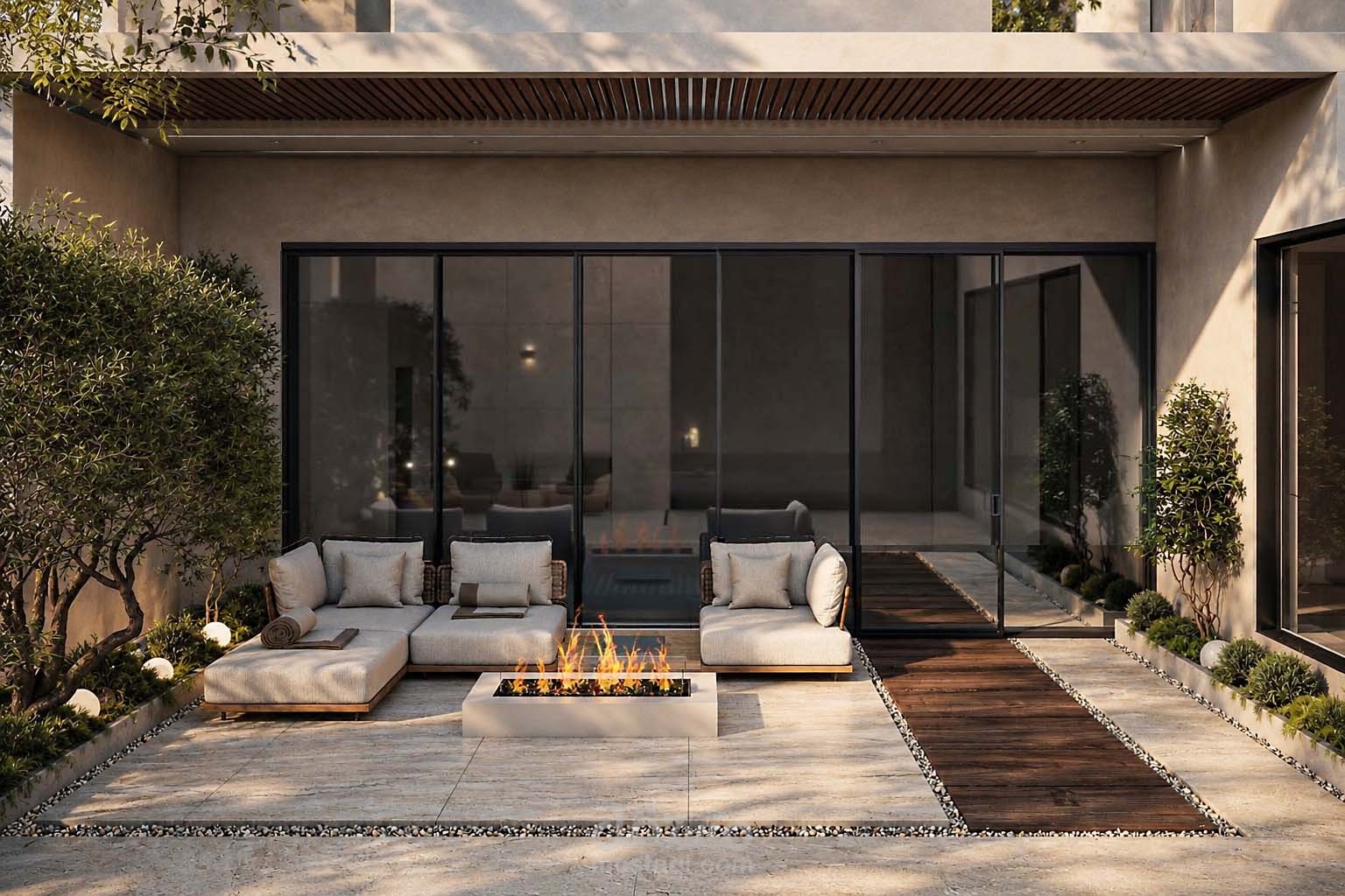 تصميم لاندسكيب وفناء خارجي فاخر لفيلا مع مخططات تنفيذية 2D وإخراج واقعي عالي الجودة