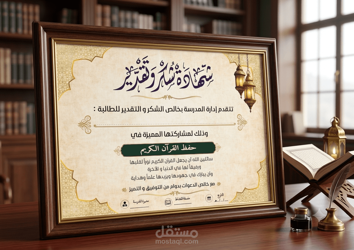 تصميم شهادة شكر وتقدير بطابع اسلامي جميل