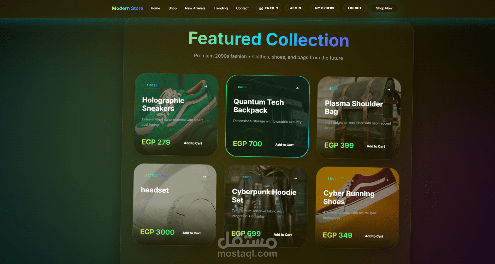*المتجر عبر الإنترنت** هو تطبيق Next.js متطور ومتكامل تم تصميمه كمتجر ملابس. يعرض التطبيق عناصر أزياء متميزة مع تجربة مستخدم غامرة ومستقبلية مدعومة بعناصر تفاعلية ثلاثية الأبعاد وتصميم زجاجي وبموأثرات متحركة تطفو علي الواجهة