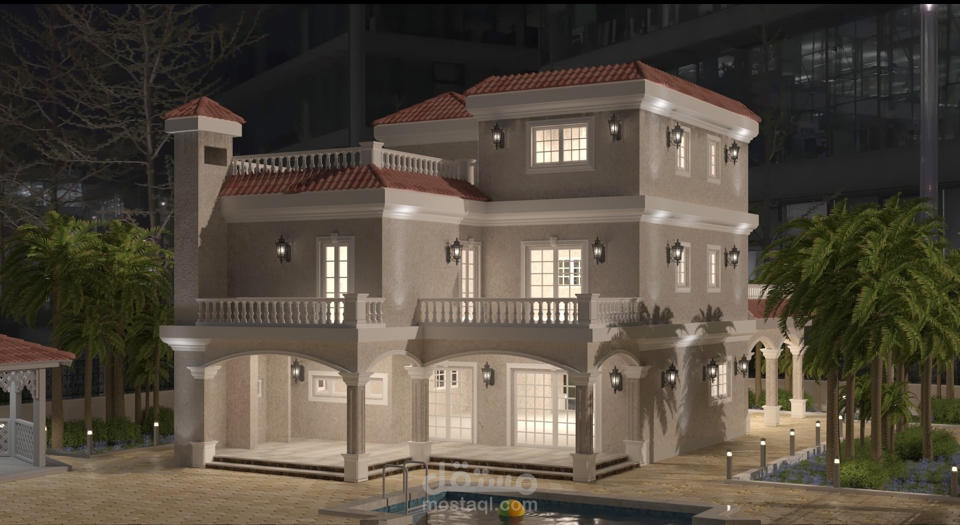 تصميم خارجي معماري لفيلا كلاسيكية — نموذج ثلاثي الأبعاد متكامل