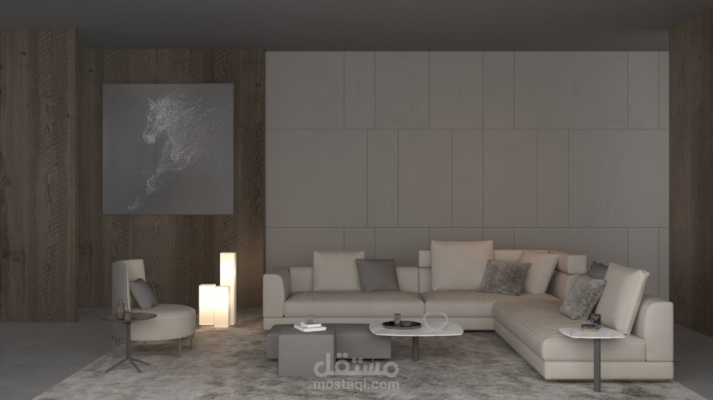تصميم داخلي لغرفة معيشة عصرية — نمذجة وإخراج ثلاثي الأبعاد احترافي