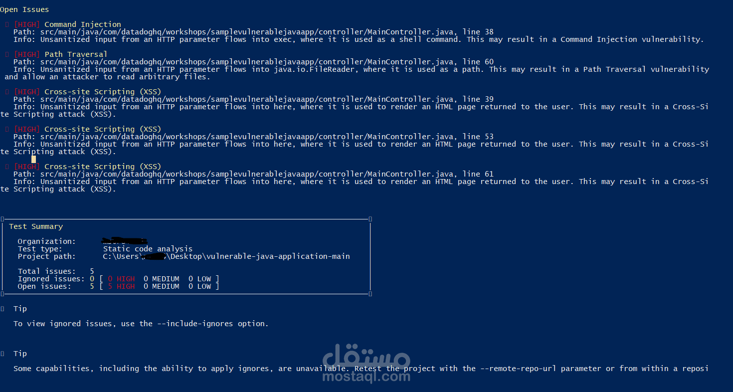 هذا مثال على تقرير فحص أمني قمت به لمشروع Java، حيث اكتشفت 5 ثغرات عالية الخطورة وقدمت حلولاً برمجية لها