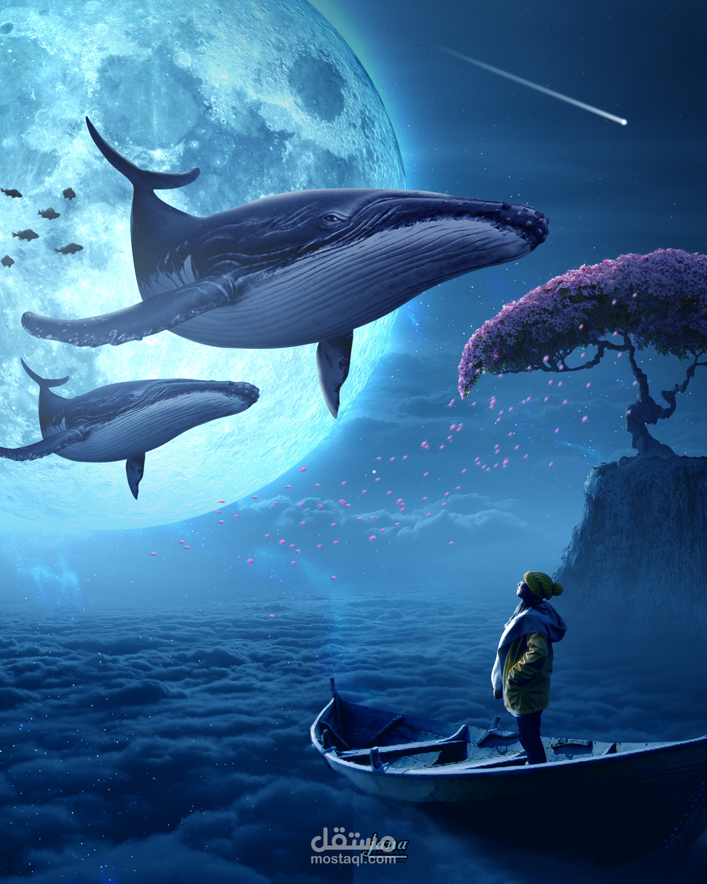 تصميم خيال علمي حيتان تطير في السماء