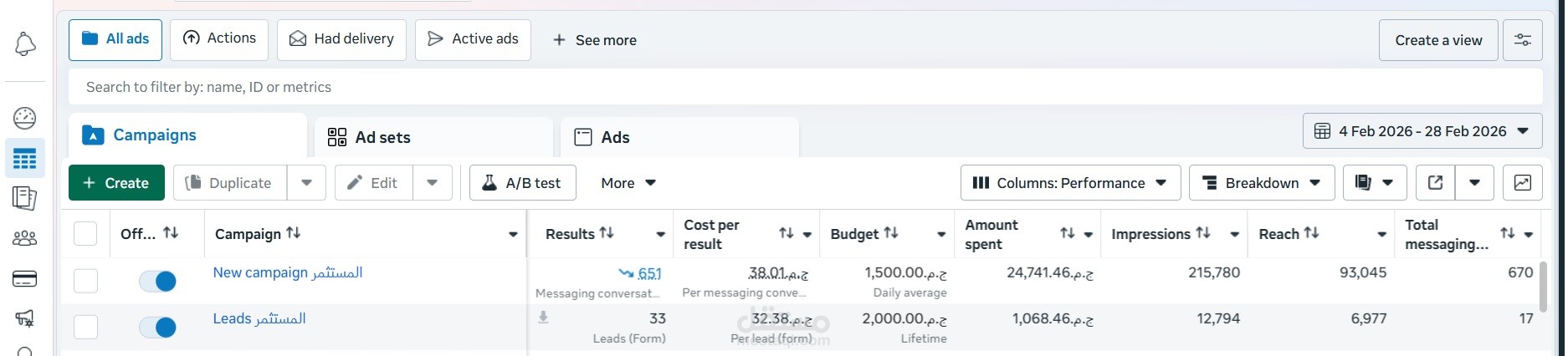 نتائج حملة إعلانات فيسبوك