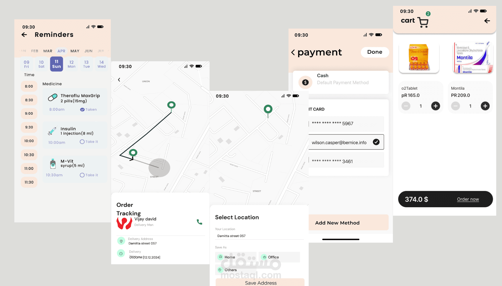 تصميم واجهات إضافية لتطبيق "Pharma Care" لإدارة الطلبات وتذكير مواعيد الدواء (UI/UX Design)