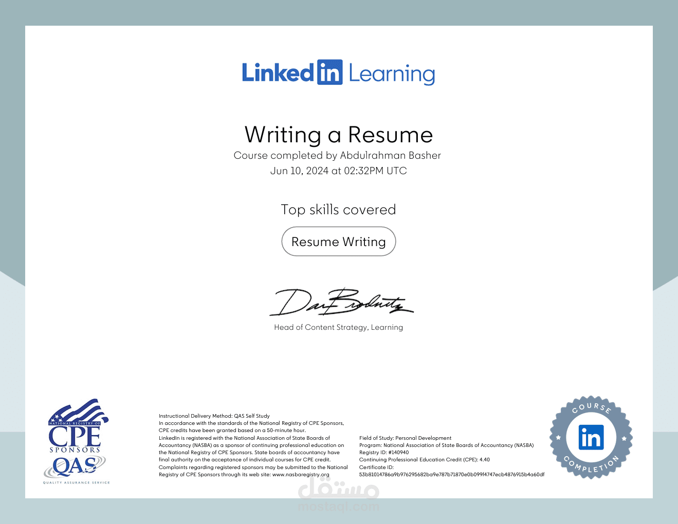 كاتب سيرة ذاتية معتمد من LinkedIn و NASBA