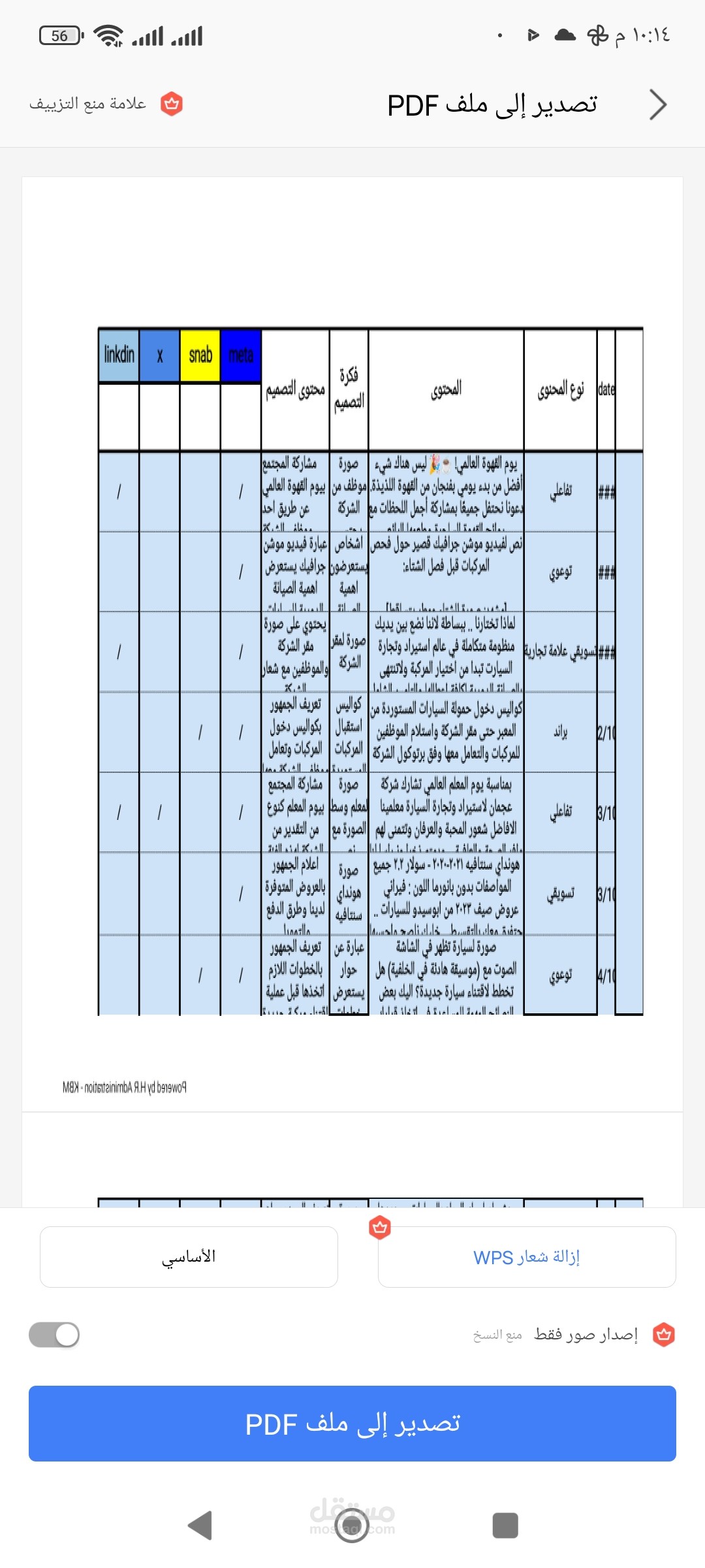 خطة محتوى متجر قهوة