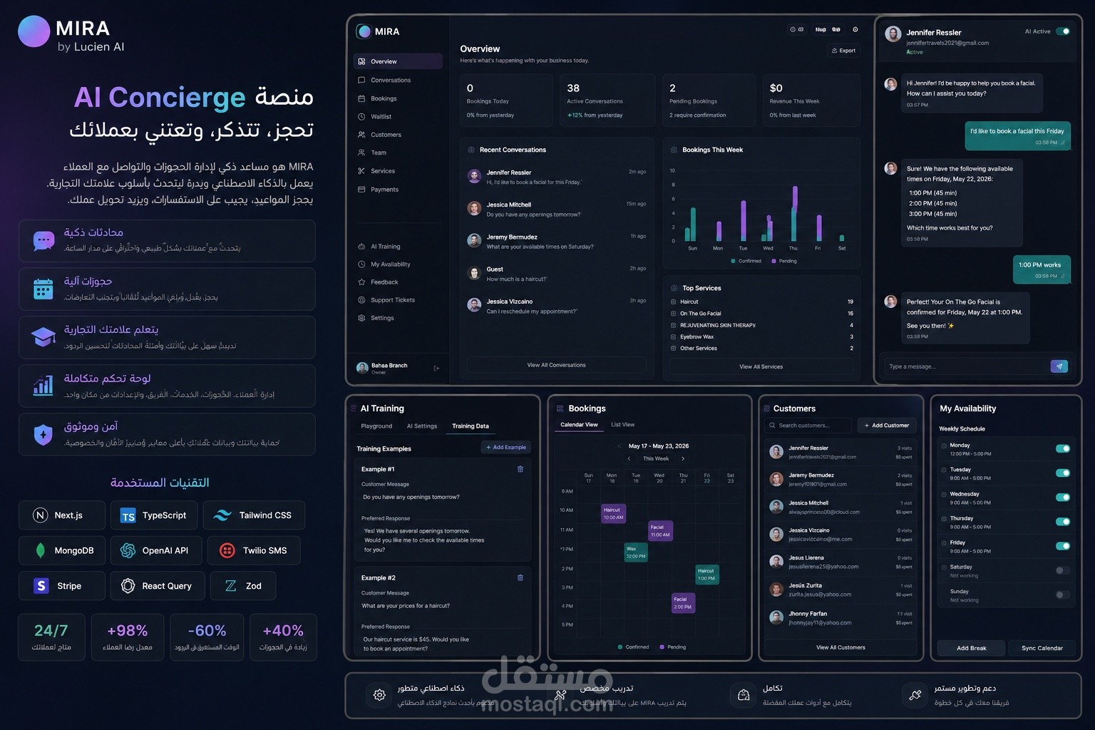 Mira | منتج SaaS لمساعد ذكاء اصطناعي يدير الرسائل والحجوزات للأعمال الخدمية