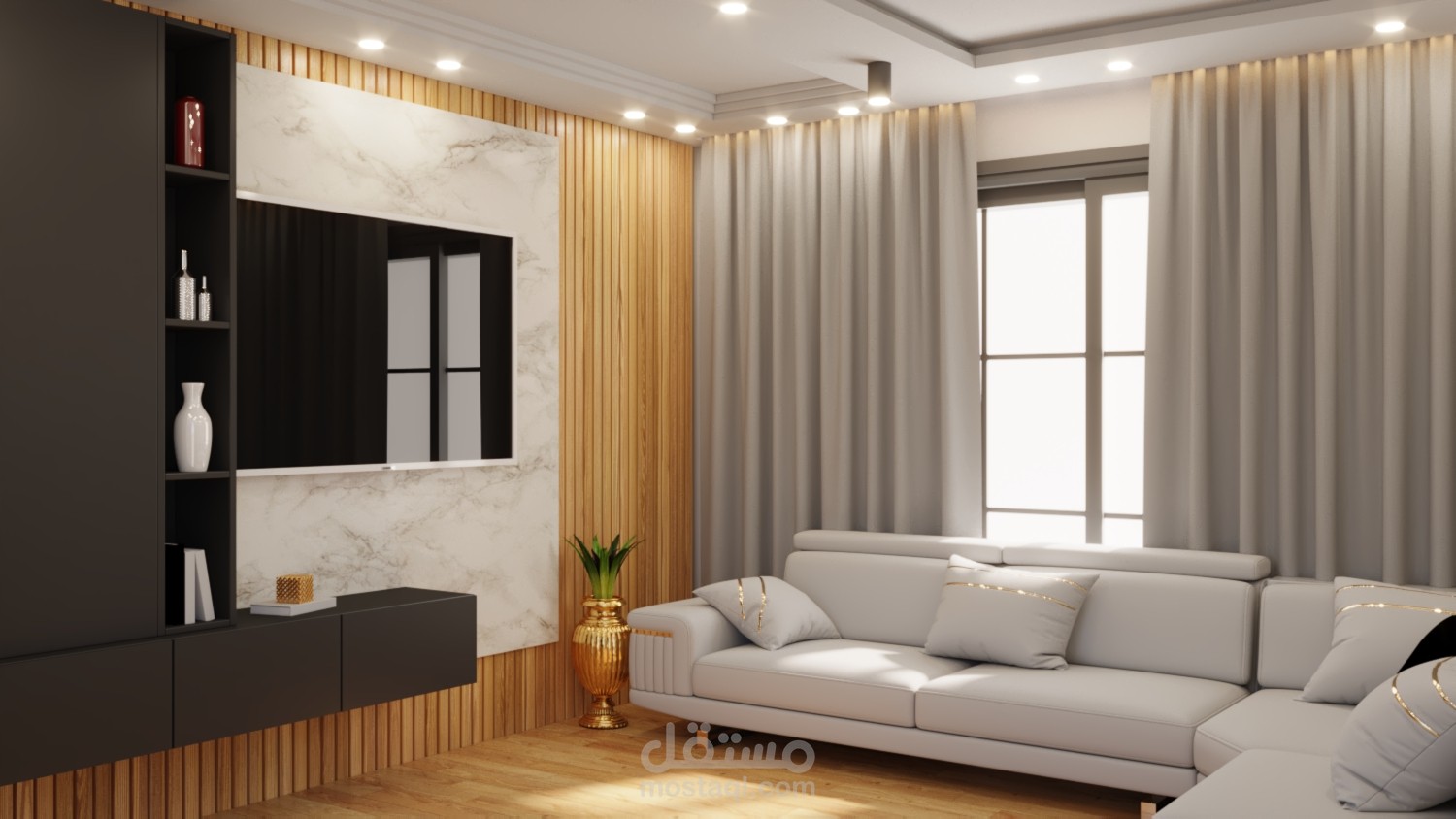 تصميم غرفة معيشة  بمساحة صغيرة تقدر ب 4 / 4  مع واجهة   TV حديث