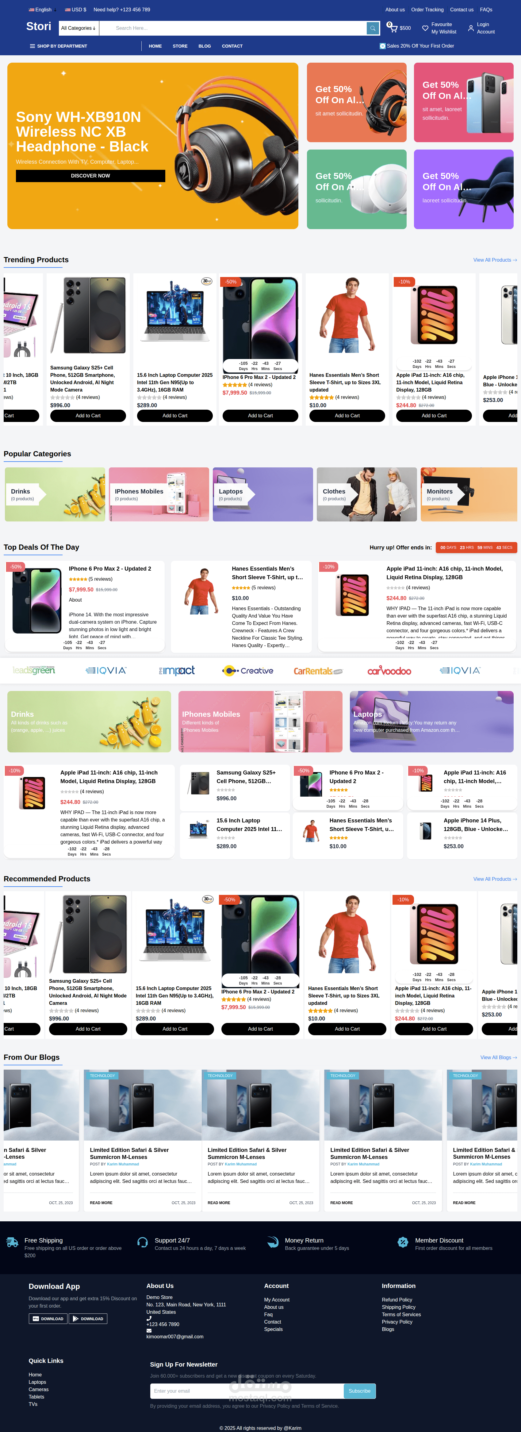 موقع الكتروني يحتوي علي جميع الصفحات اللازمة (الصفحة الرئيسية، صفحة المنتجات، الدخول ولوحة التحكم والمنتج الواحد)