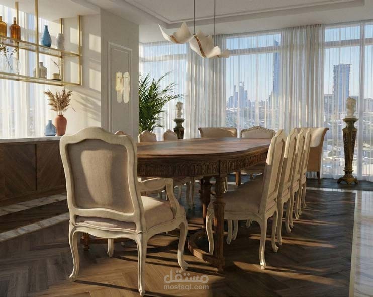 تصميم داخلي لغرفة طعام كلاسيكية مع توزيع الأثاث