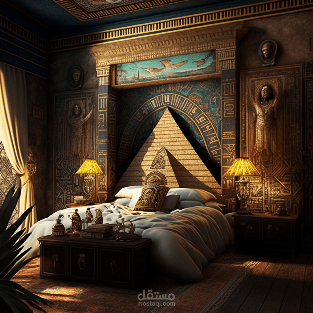 تصميم غرفه نوم علي الطراز الفرعوني بواسطه الذكاء الاصطناعي