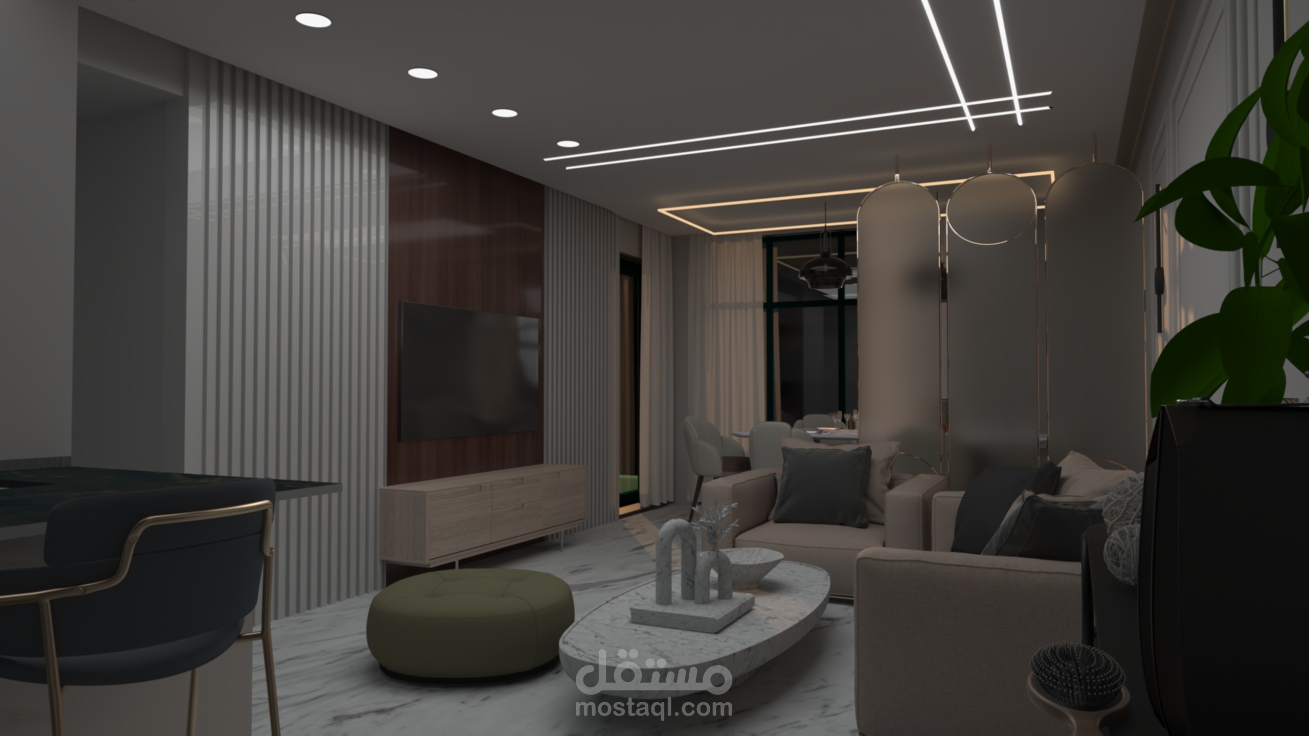 تصميم رسيبشن مودرن مع مطبخ امريكي عصري