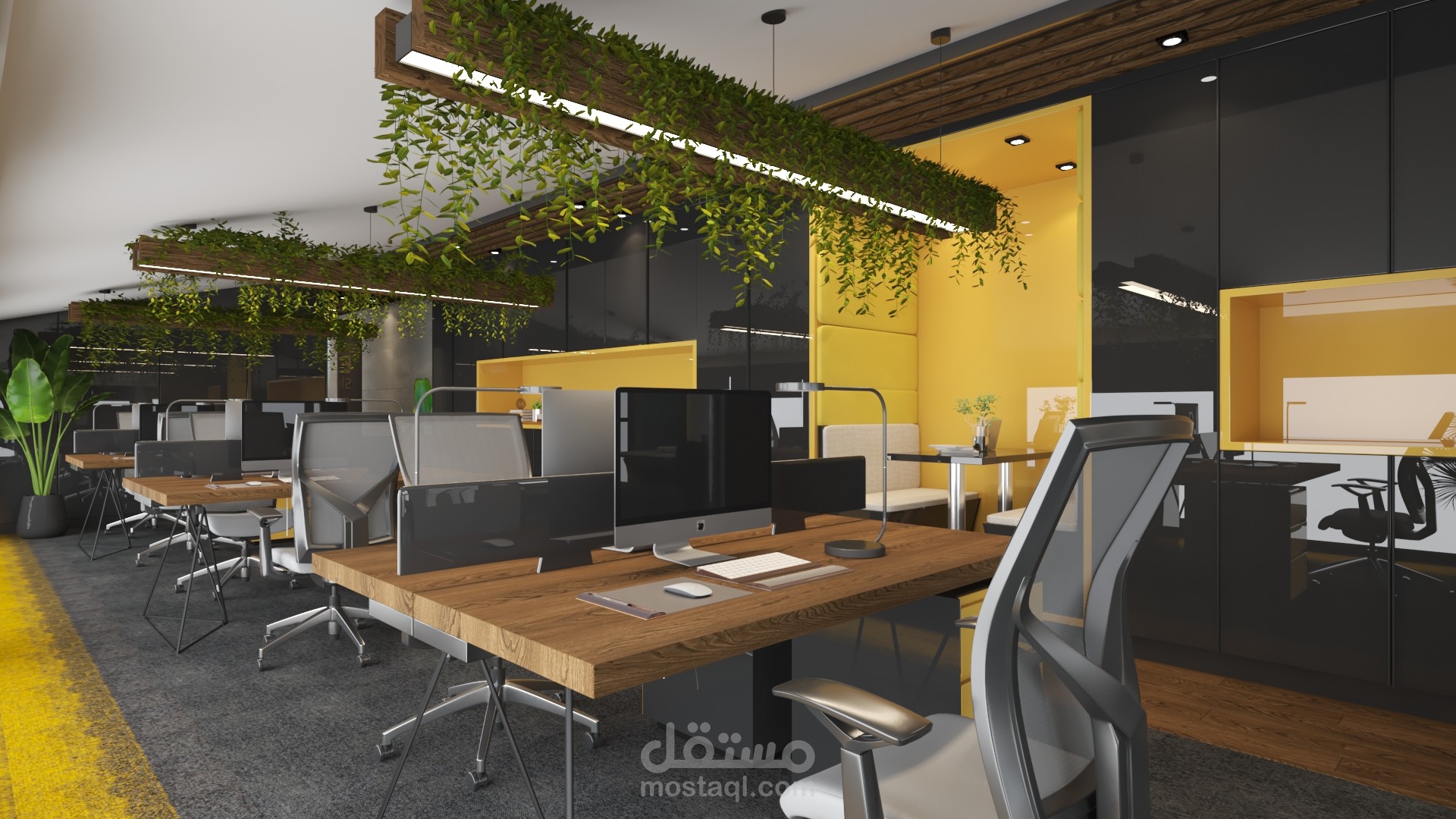 تصميم داخلي احترافي لمكتب عمل مفتوح ومعاصر