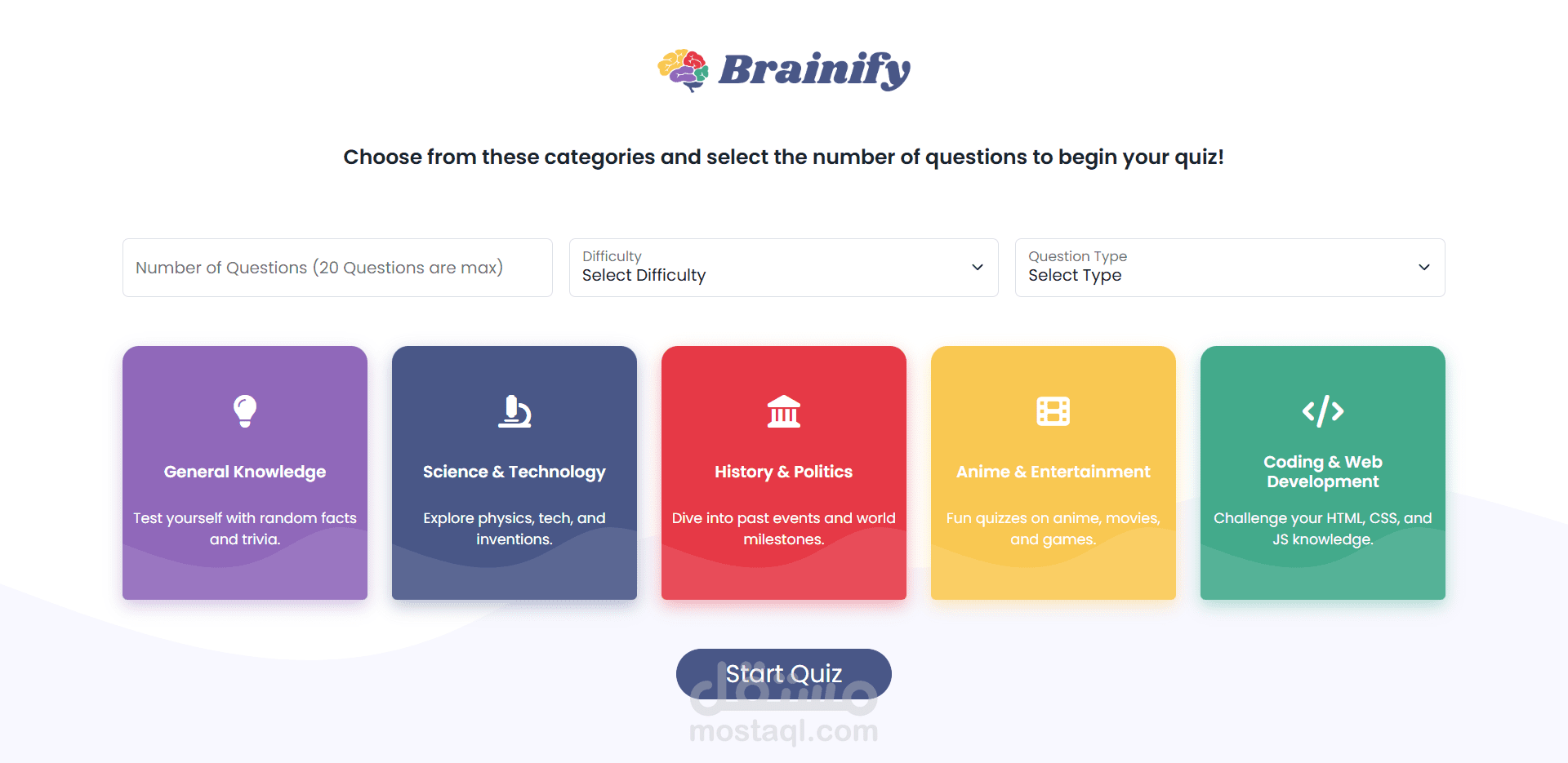 تطبيق اختبارات تفاعلي "Brainify" باستخدام HTML وCSS وJavaScript
