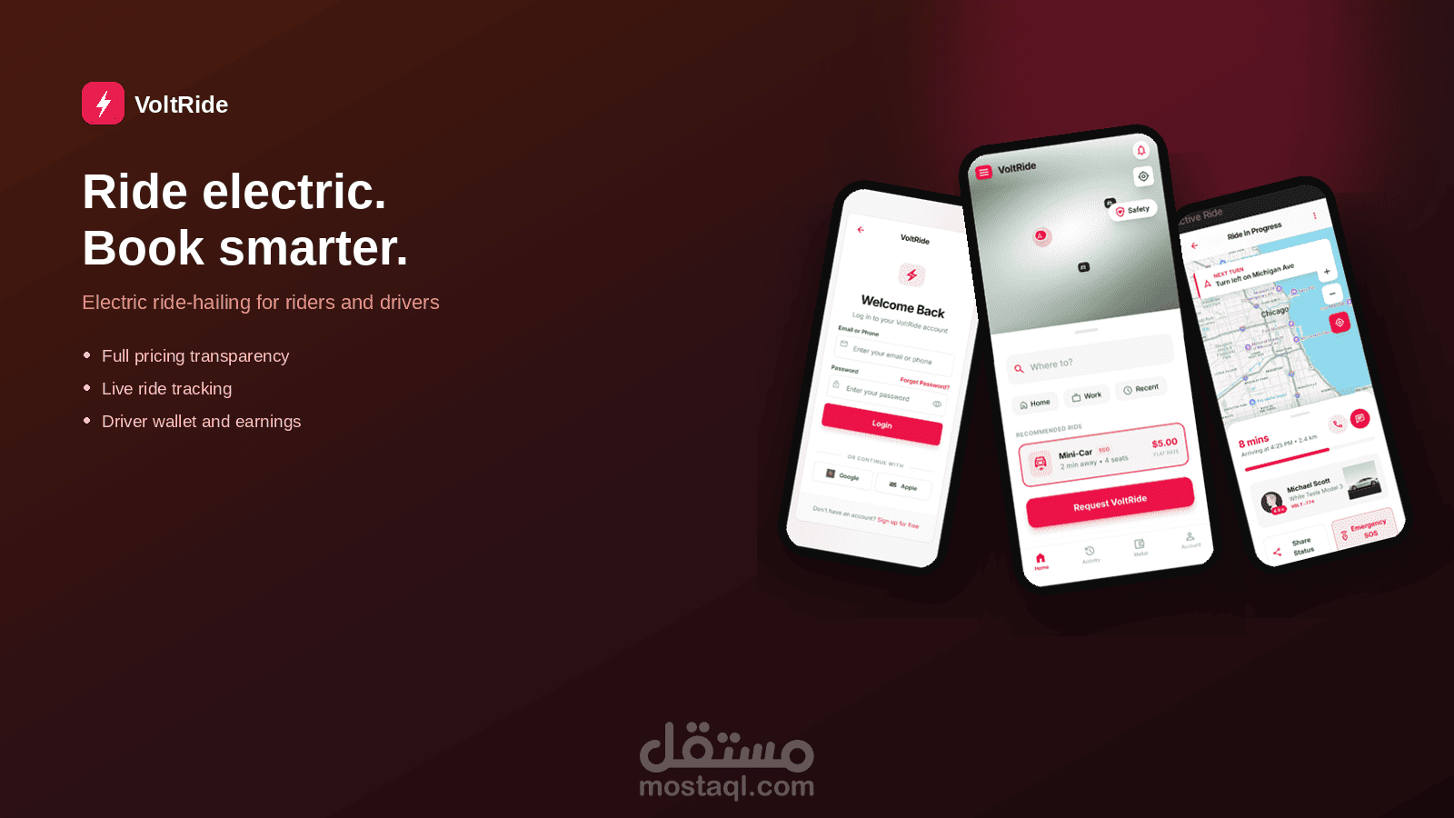 VoltRide — تطبيق حجز مركبات كهربائية (Rider & Driver App)