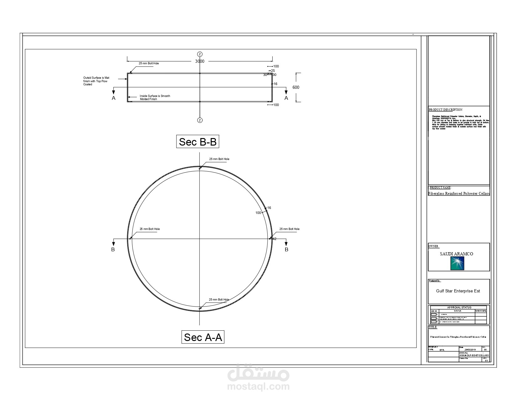 Plan and Section for Fiberglass Reinforced Polyester Cellar