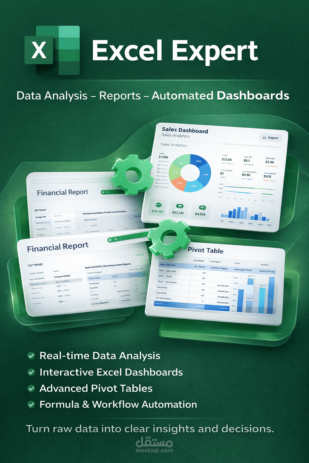 خدمة محترف Excel – تحليل بيانات، أتمتة التقارير، ولوحات تحكم احترافية