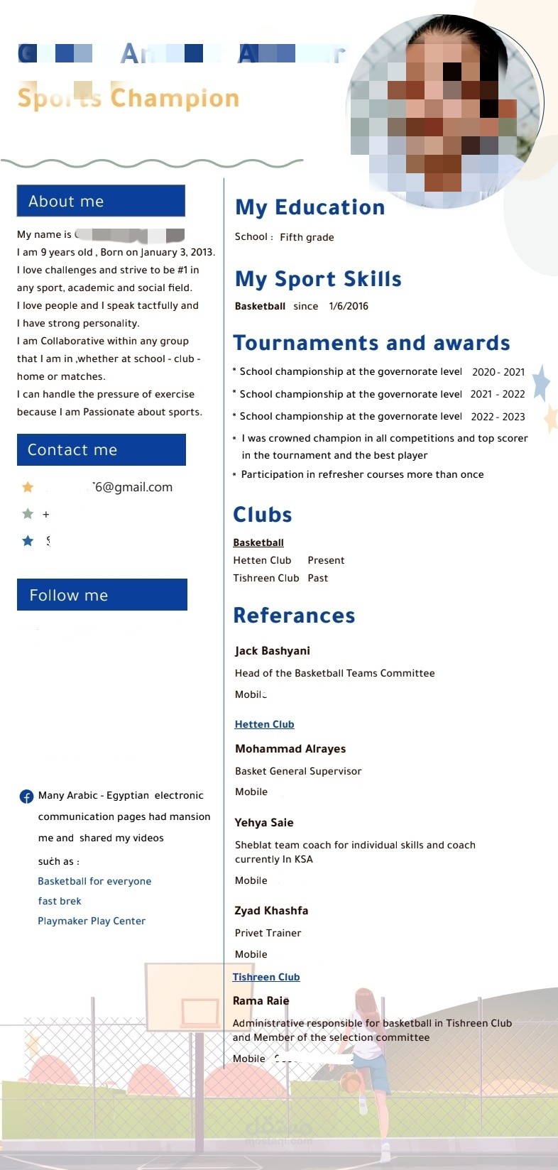 تصميم cv لطفلة / بطلة رياضية  / عربي + انجليزي
