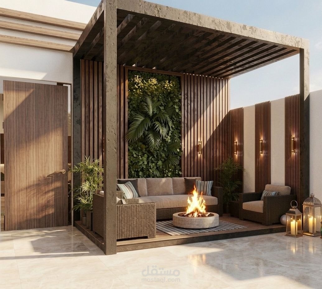 تصميم Roof Garden فاخر | جلسات خارجية، BBQ، نافورة، وإخراج ثلاثي الأبعاد واقعي