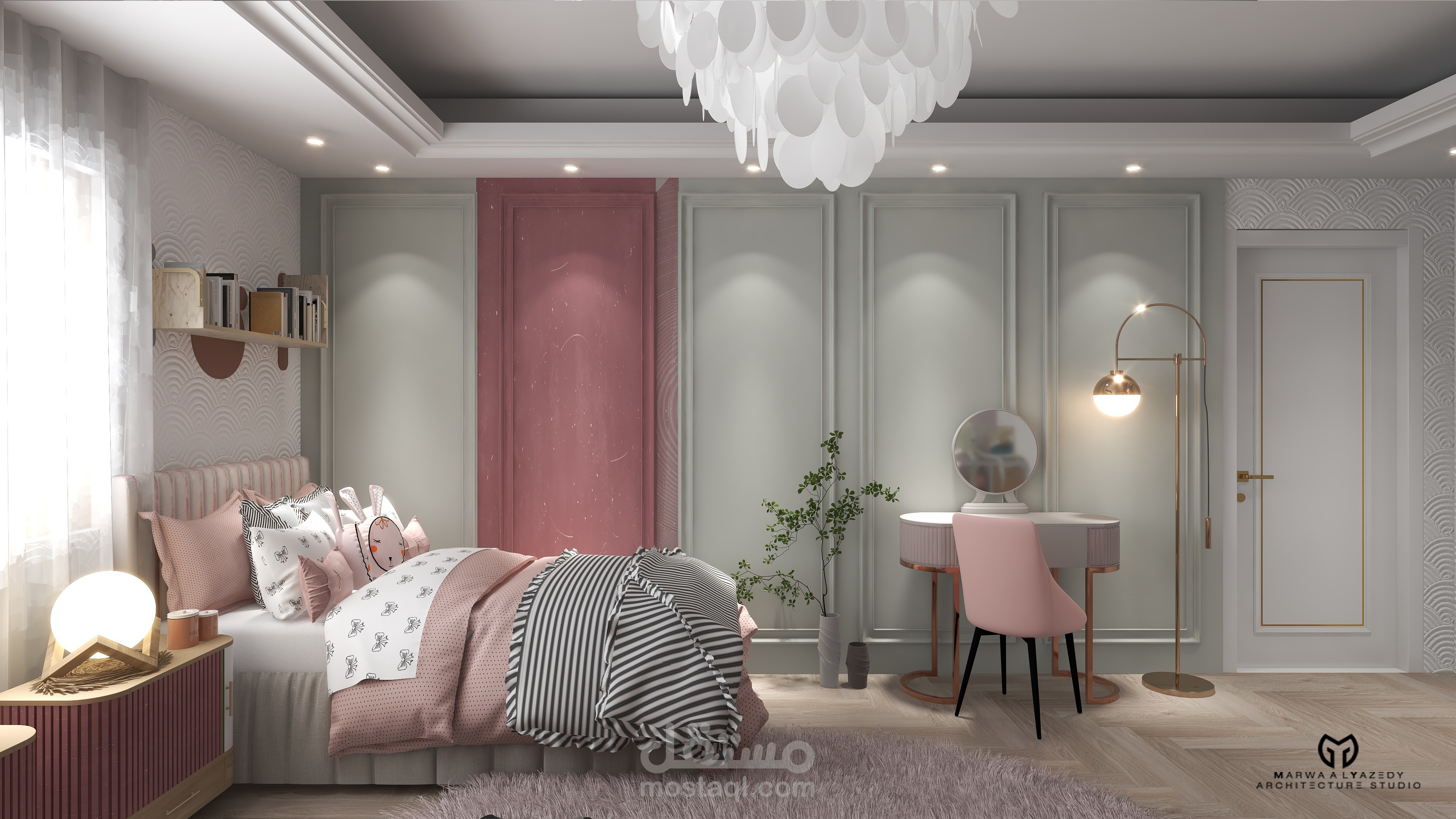 غرفة نوم بنات في شقة 260 متر تصميم نيو كلاسيك