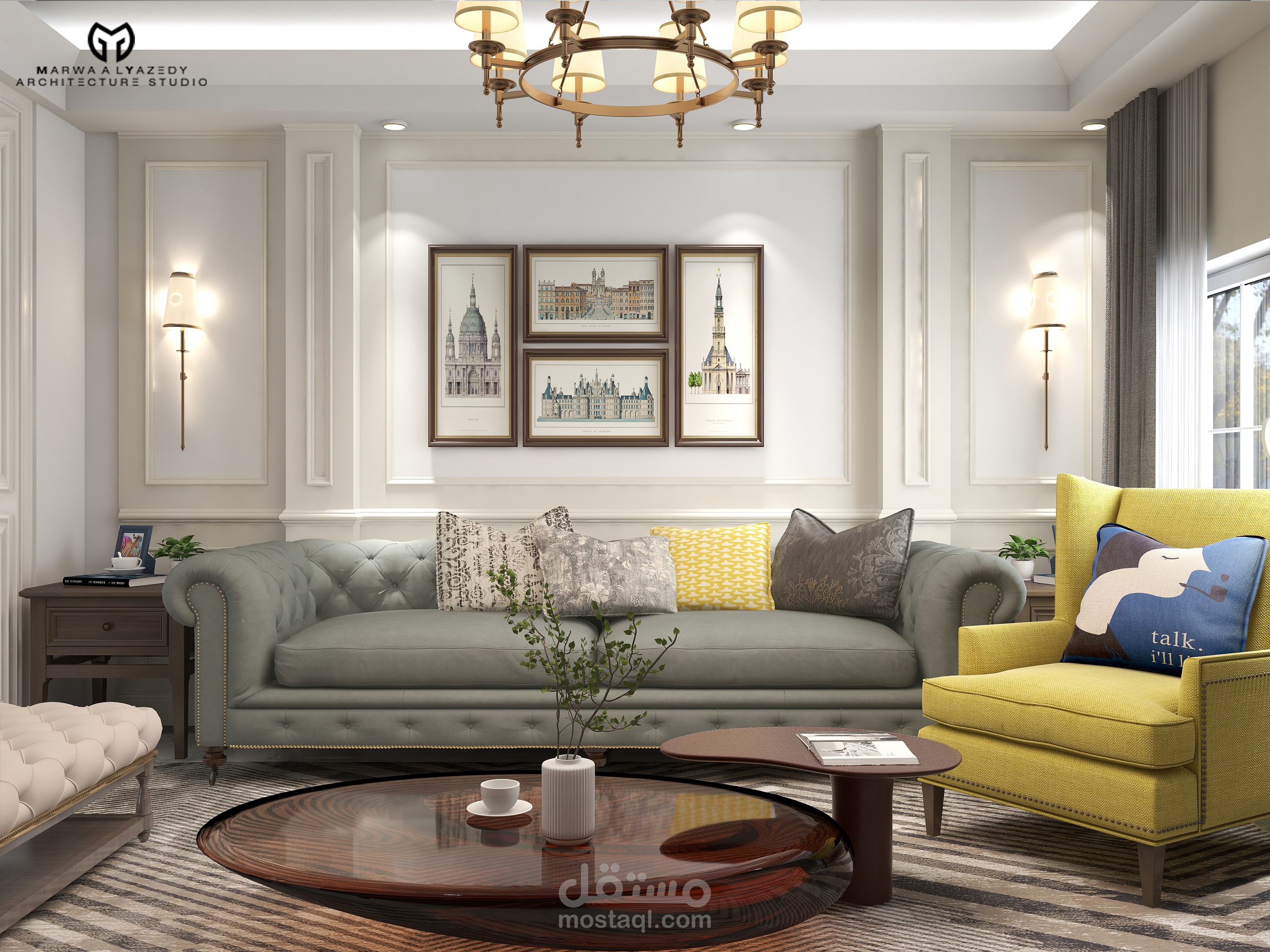 جناح الإستقبال في شقة 260 متر تصميم نيوكلاسيك