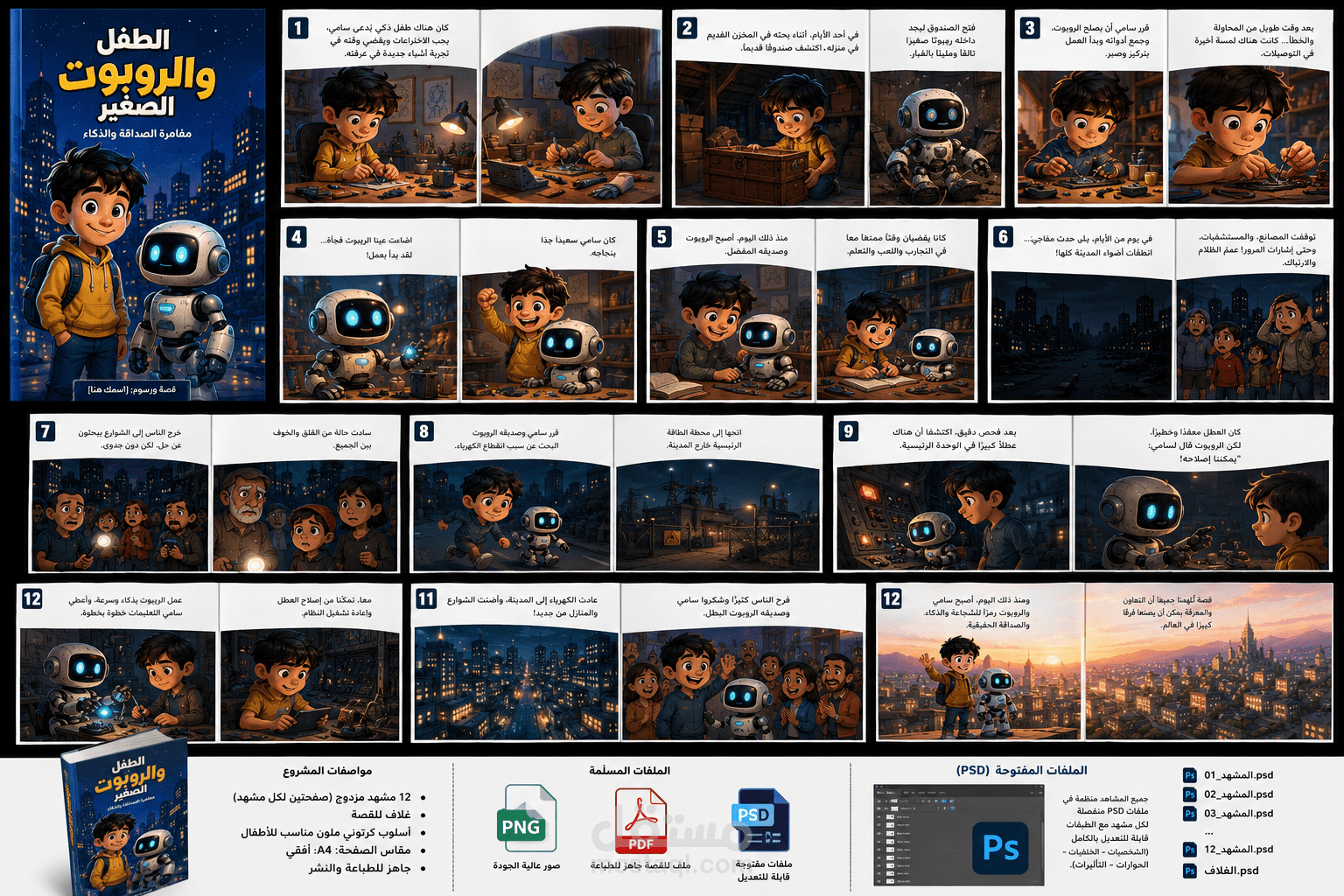 تصميم قصة مصورة (Storyboard) من 12 مشهد مزدوج مع غلاف احترافي بأسلوب كرتوني