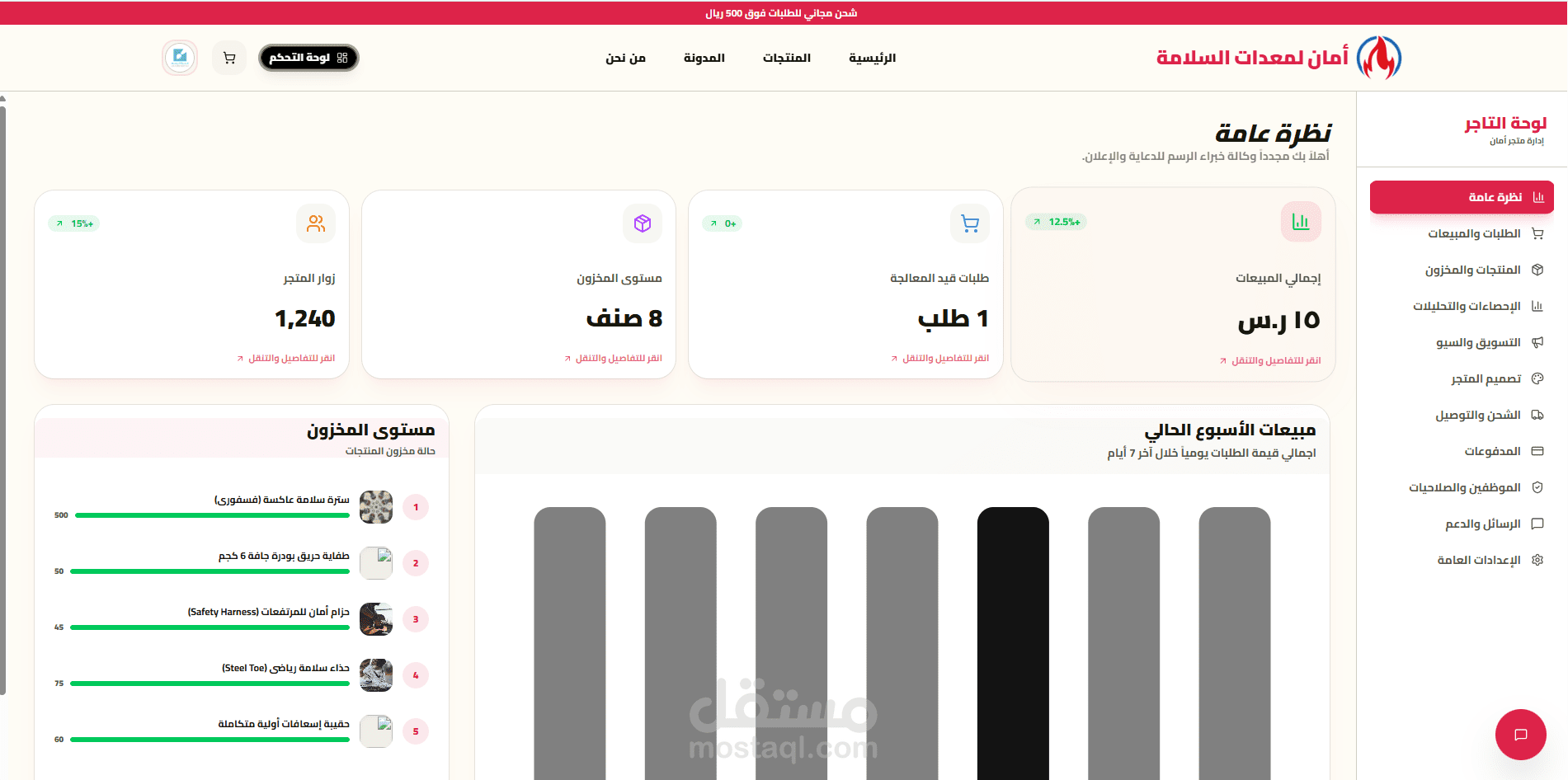 تطوير متجر إلكتروني متكامل لمعدات السلامة مع لوحة تحكم ومحرك إشعارات واتساب تلقائي