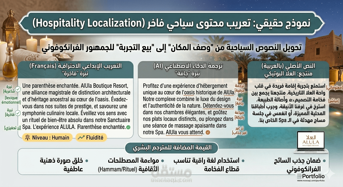 تعريب إبداعي (Transcreation) لمحتوى سياحي فاخر - AlUla Boutique Resort