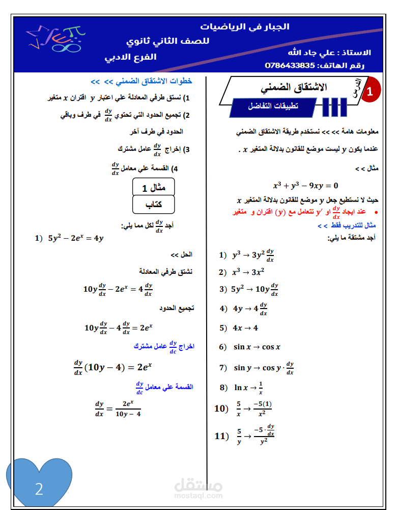 تفريغ مذكرة تطبيقات التفاضل