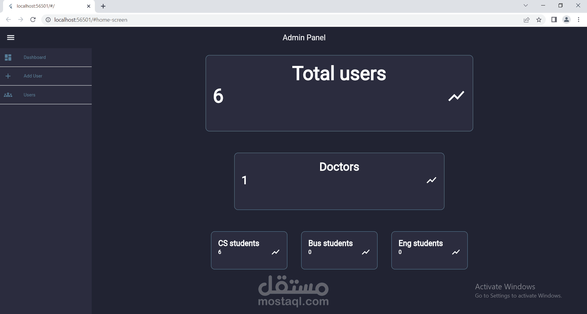داش بورد (Dashboard) باستخدام فلاتر لتسجيل المستخدمين في الفاير بيز وعرضهم