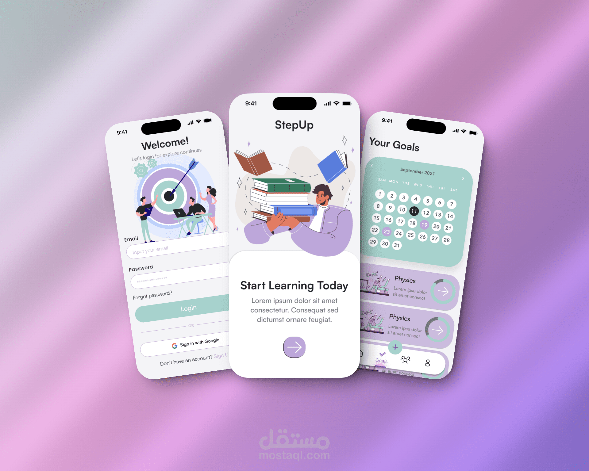 تصميم واجهات تطبيق (UI/UX) لتتبع الأهداف وتنظيم الدراسة