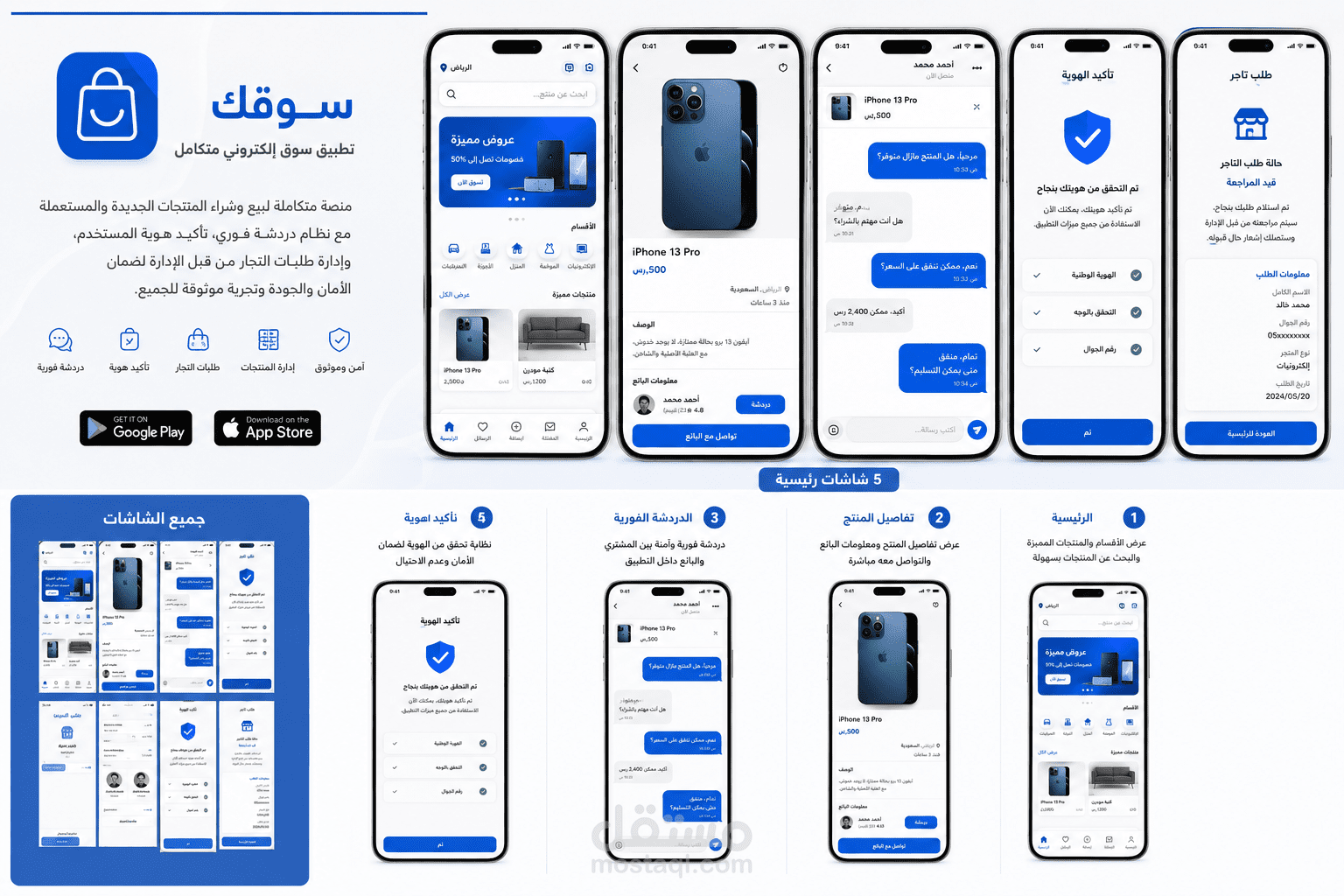 تطوير تطبيق سوق إلكتروني متكامل لبيع وشراء المنتجات مع لوحة تحكم وAPI ونظام تحقق الهوية و دردشة فورية