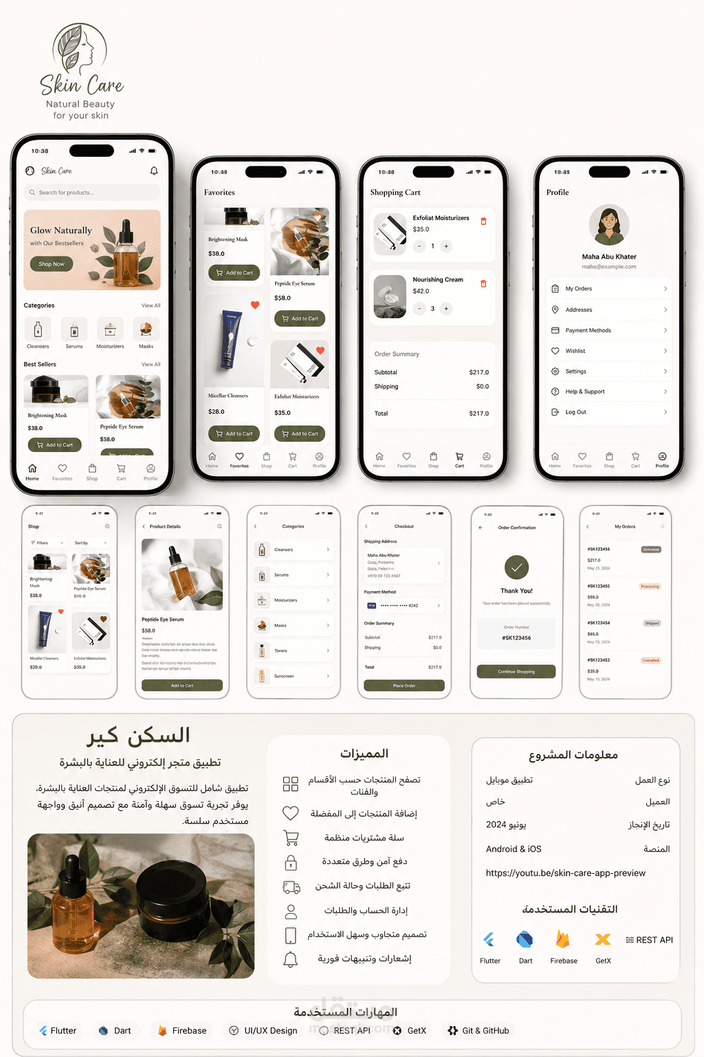 تطبيق ومنصة متكاملة لإدارة وبيع منتجات العناية بالبشرة مع لوحة تحكم