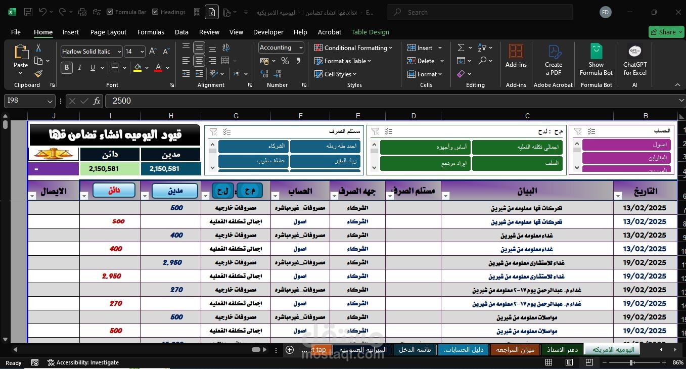 شيت Excel لمتابعة عهدة مشروع مقاولات