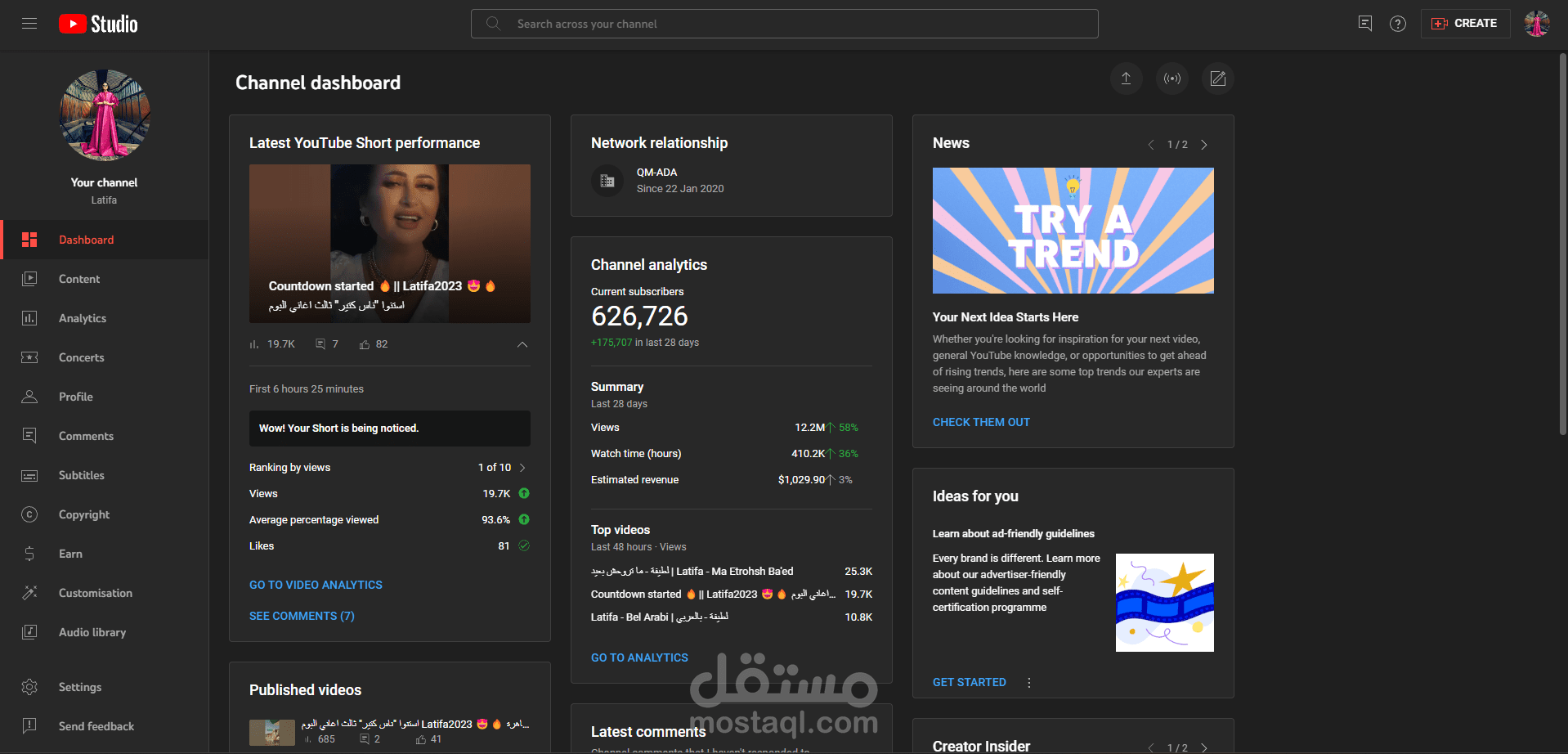 ادارة إعلانات و قناة الفنانة لطيفة التونسية على يوتيوب
