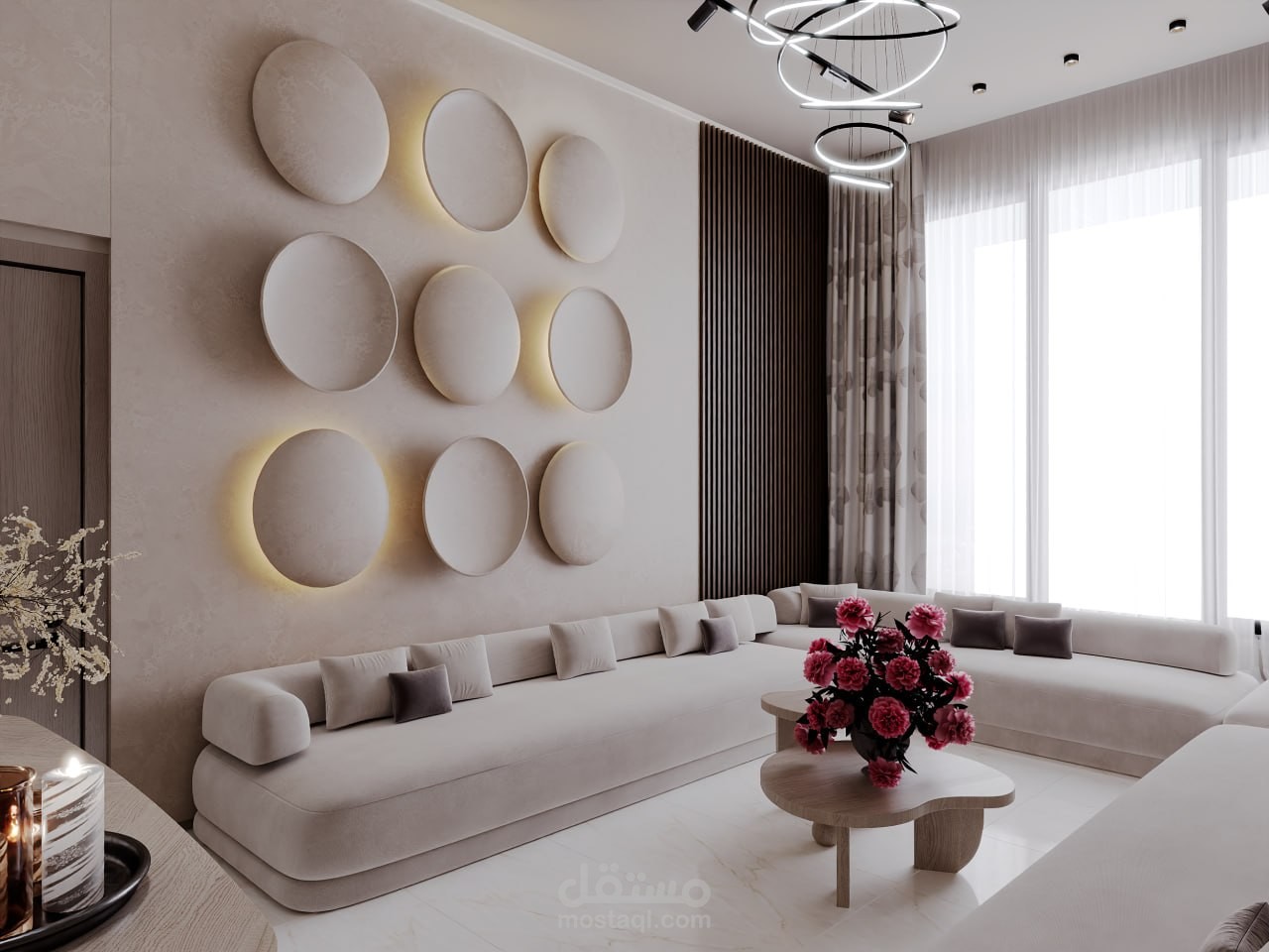 تصميم داخلي لصالون مودرن بلمسات معاصرة وإضاءة مدروسة