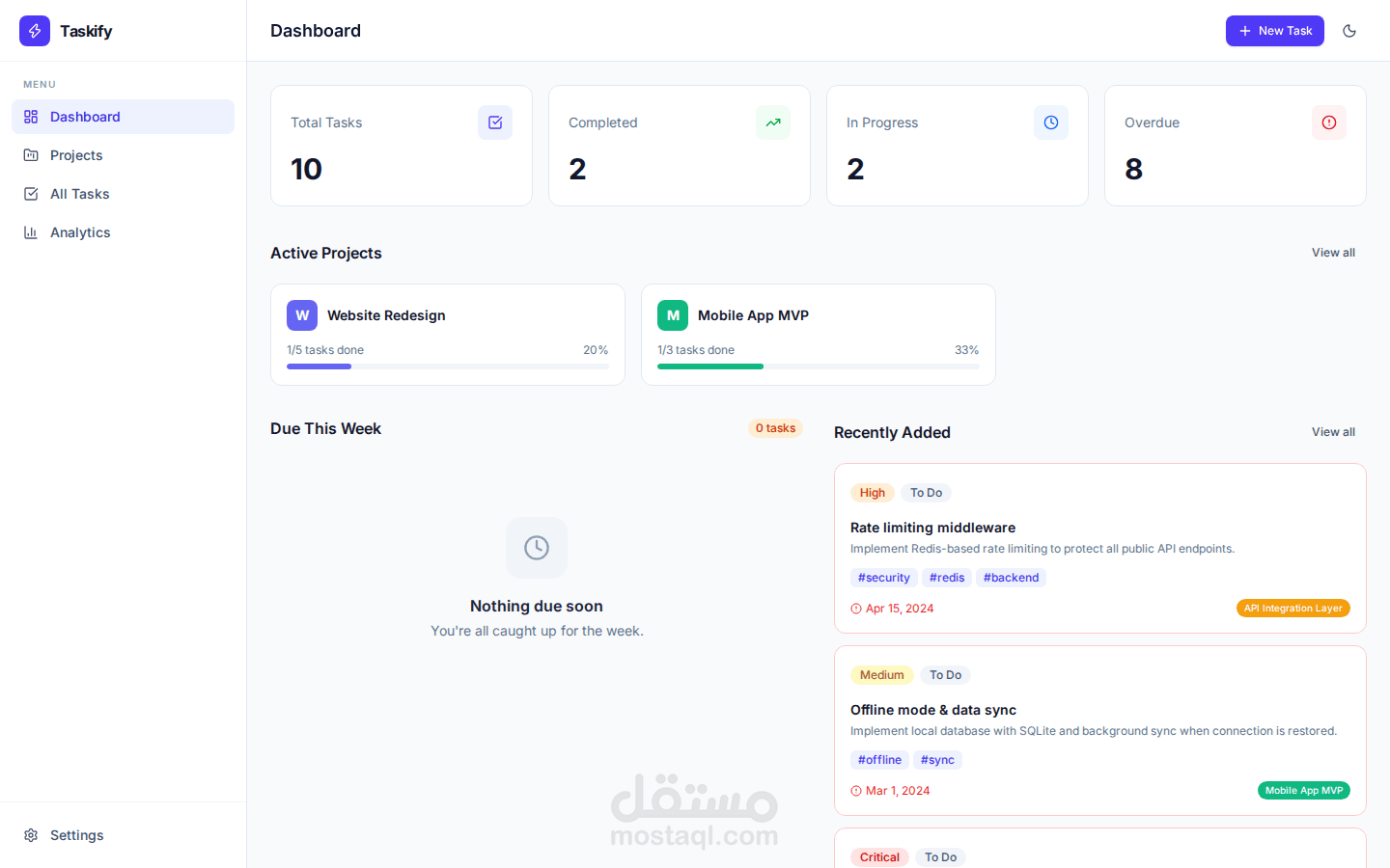 لوحة تحكم إدارة مهام ومشاريع — React + Zustand